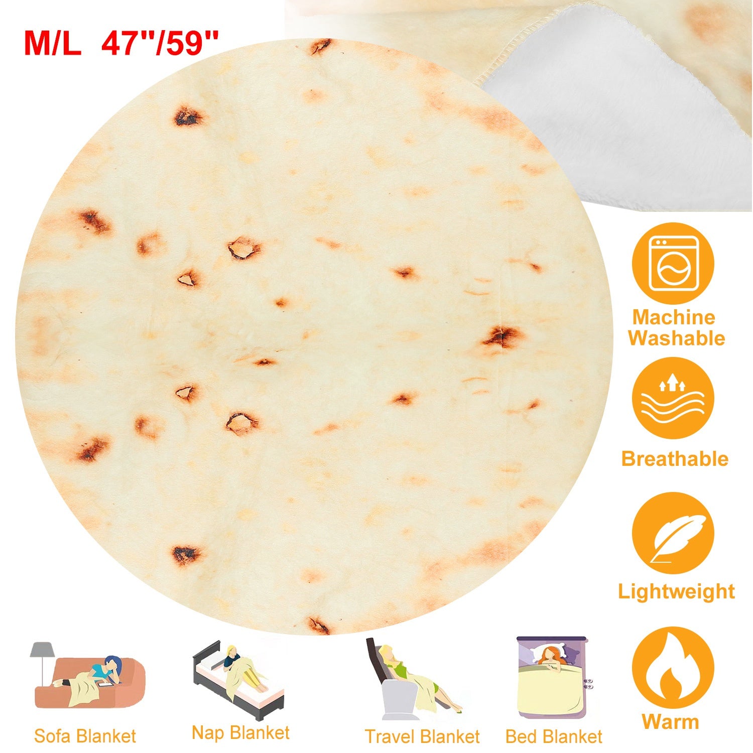 Burrito Tortilla Throw Blanket Pancake Wrap Blanket Soft Round Swaddle for Adults Kids Baby Pets