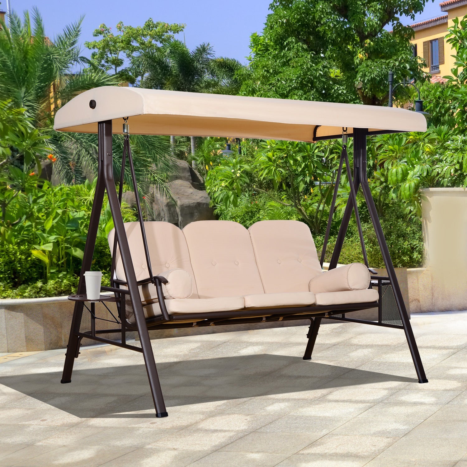 Outsunny 3 Seater Porch Swing Heavy Duty Outdoor Swing Chair Outdoor Lounge Hammock Cushioned Seat with Tilt Canopy, Beige 