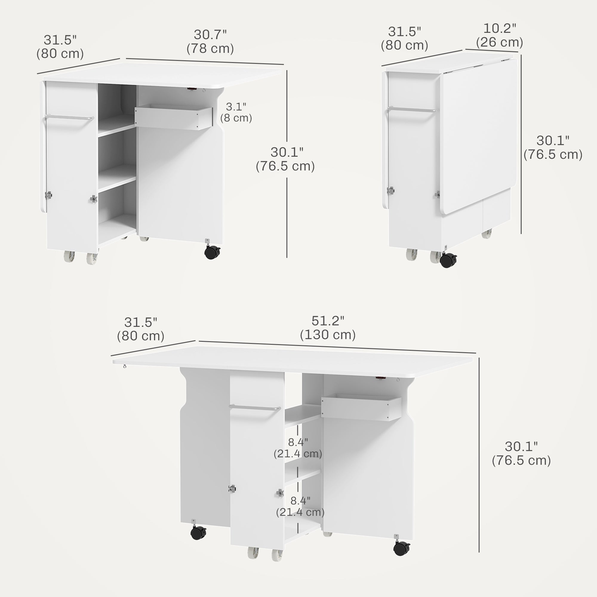 HOMCOM Folding Dining Table with Storage, Drop Leaf Kitchen Table on Wheels with Box, Shelves and Towel Racks, White 