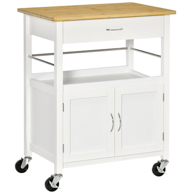HOMCOM White Mobile Utility Trolley: Kitchen Island Cart with Drawer, Side Hooks & Dining Room Storage 