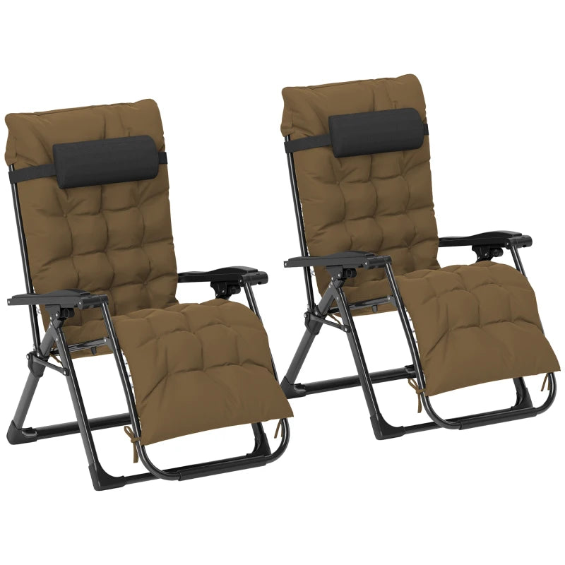 Folding Garden Chairs Set of 2, Reclining Zero Gravity Chair, Sun Lounger with Cushion and Headrest, Khaki