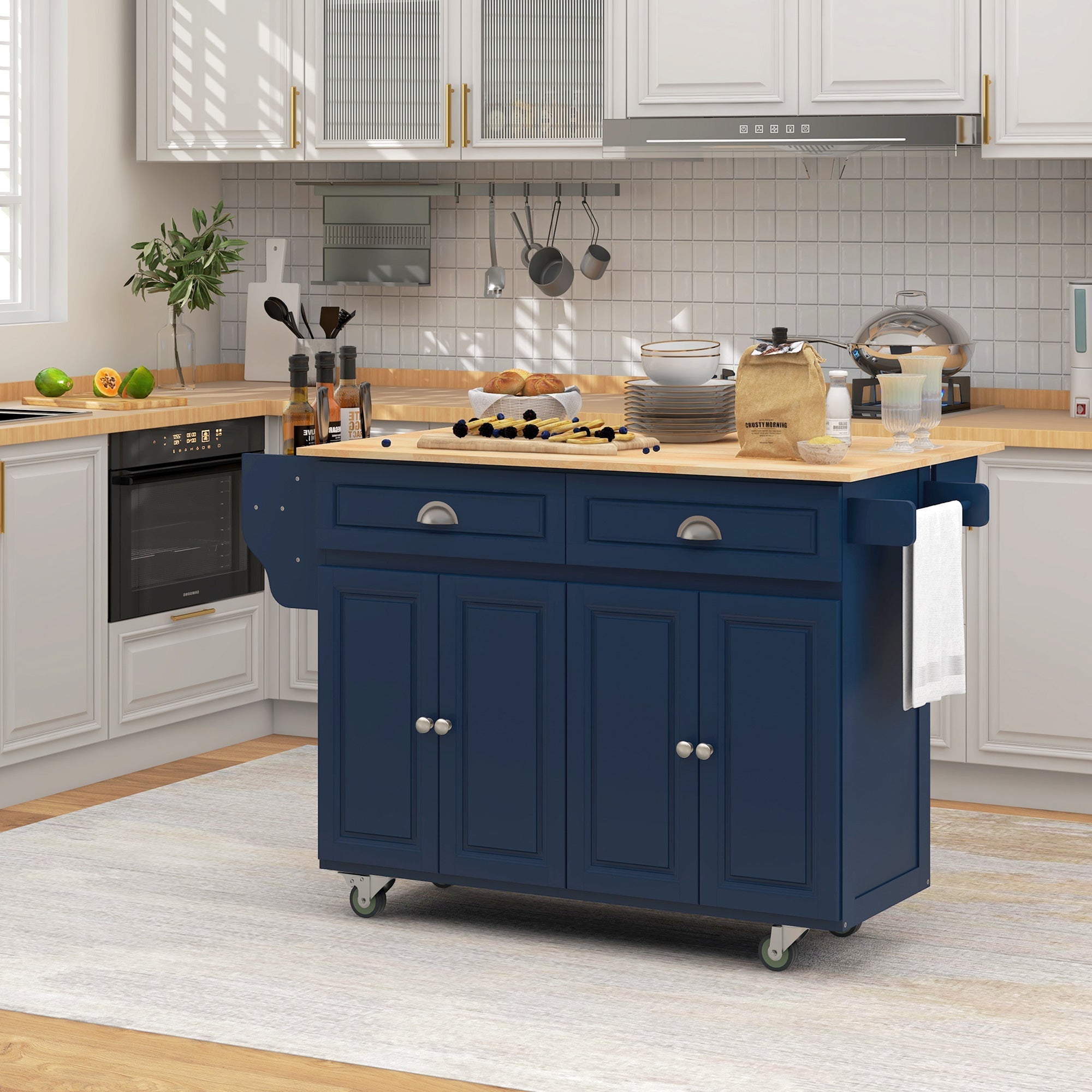 HOMCOM Kitchen Island with Storage, Rolling Kitchen Island with Drop Leaf, Rubber Wood Top and Adjustable Shelves, Navy Blue 