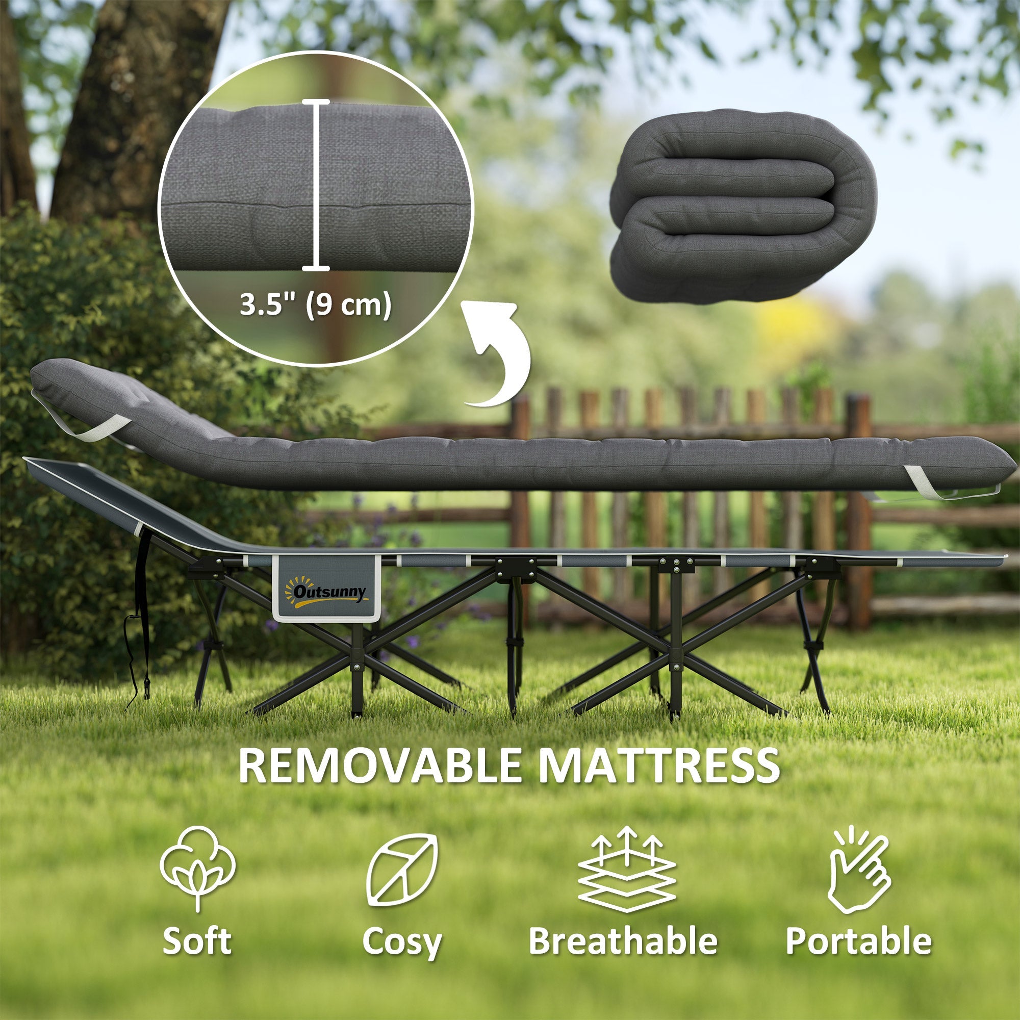 Outsunny 26.8" Wide Folding Bed, Camping Cot for Adults with Mattress, Carry Bag, Max Load 330 LBS, Dark Grey 