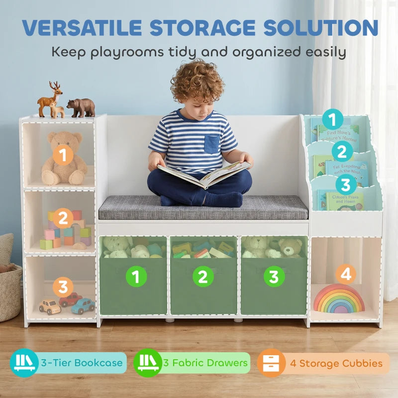Qaba Kids Storage Shelf with Reading Nook, Toy Organizer with Cushion Seat, Bookshelf, 4 Cubbies & 3 Fabric Drawers for Playroom and Nursery