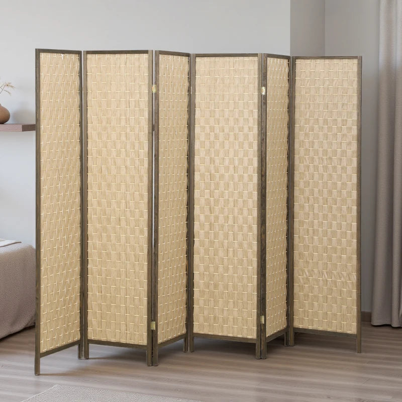 6 FT Room Divider, 6 Panel Folding Privacy Screen, Lightweight Handwoven Freestanding Partition for Home Office, Brown