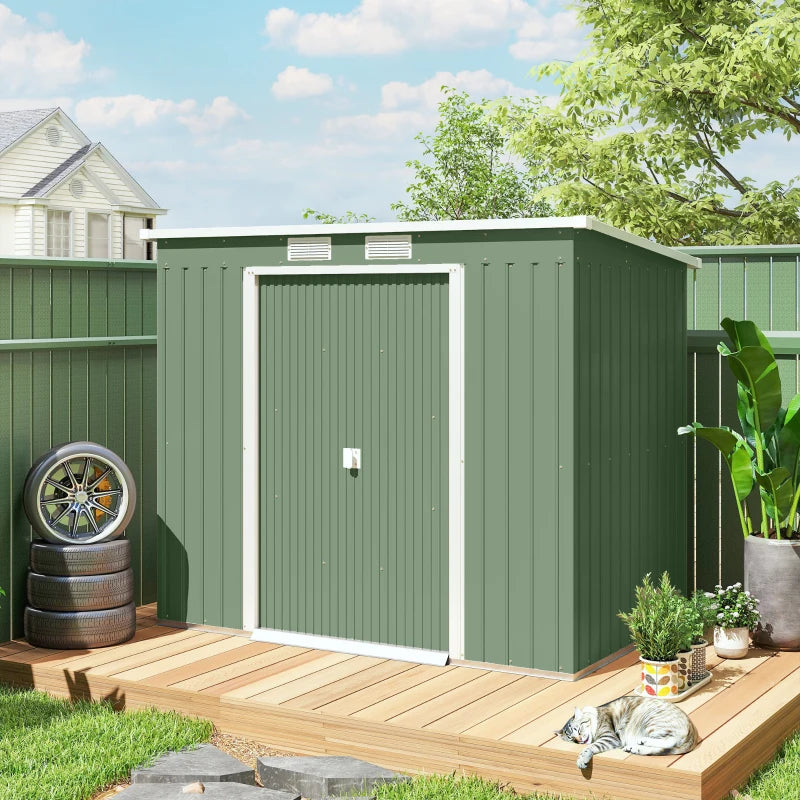 7' x 4' Galvanised Steel Garden Shed, with Foundation Kit - Green