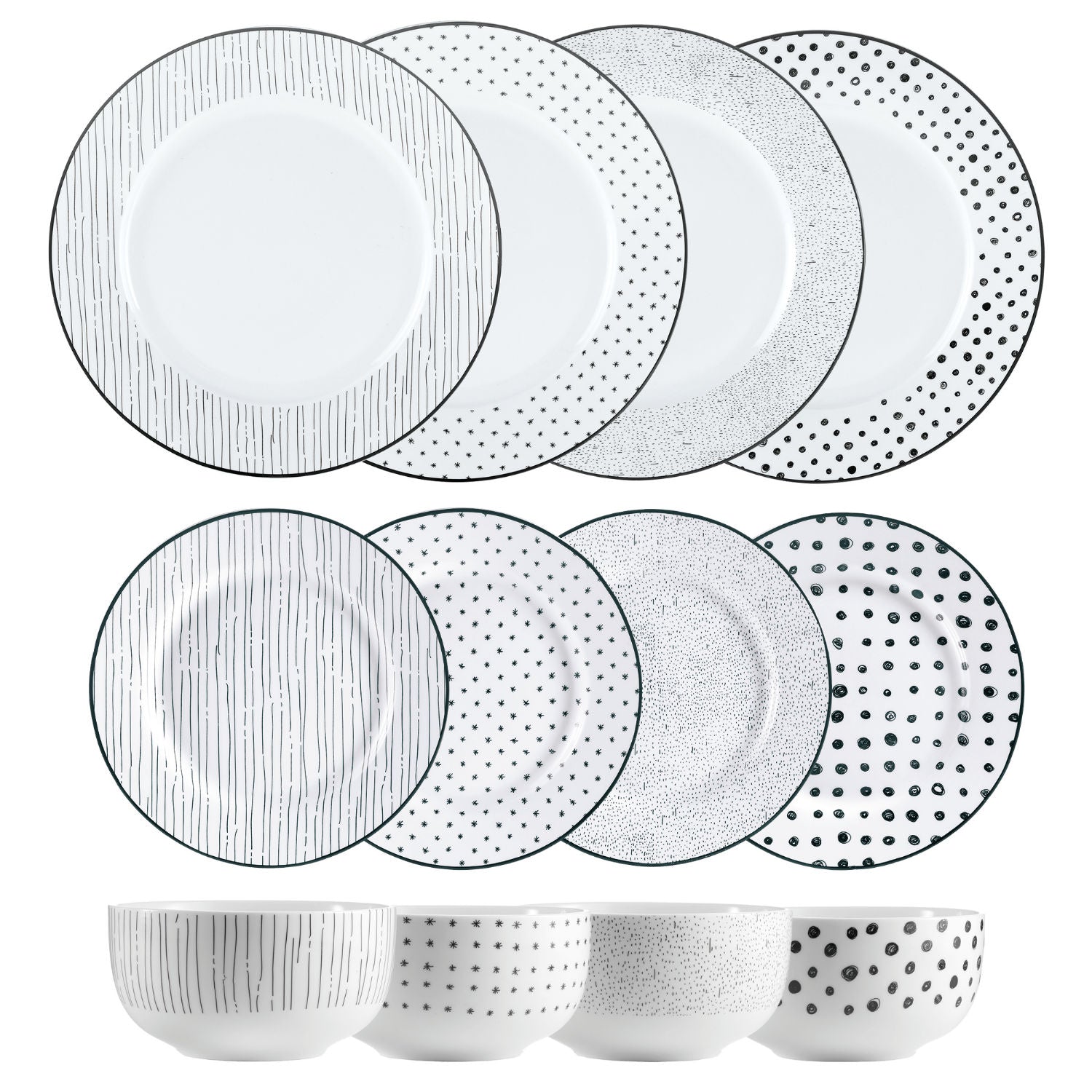 Dinnerware Set 12 Piece Black and White, Service for 4 