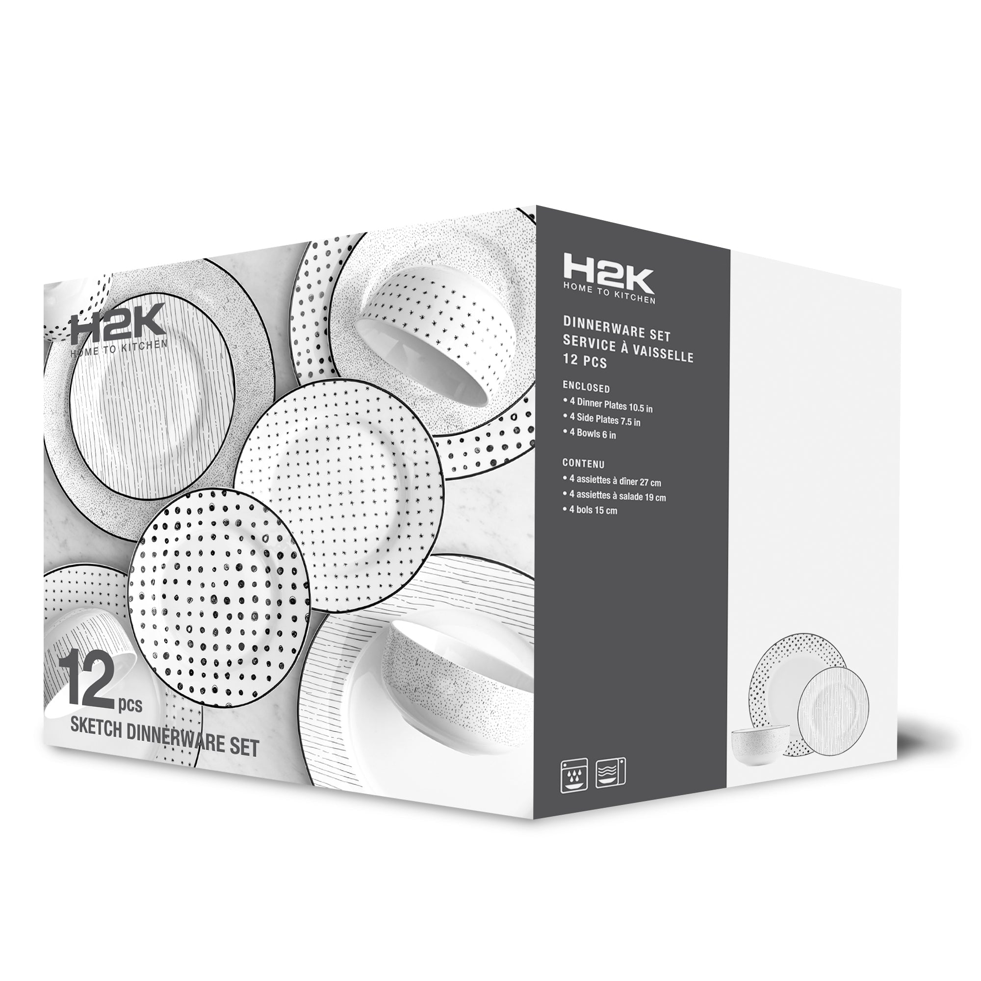 Dinnerware Set 12 Piece Black and White, Service for 4 