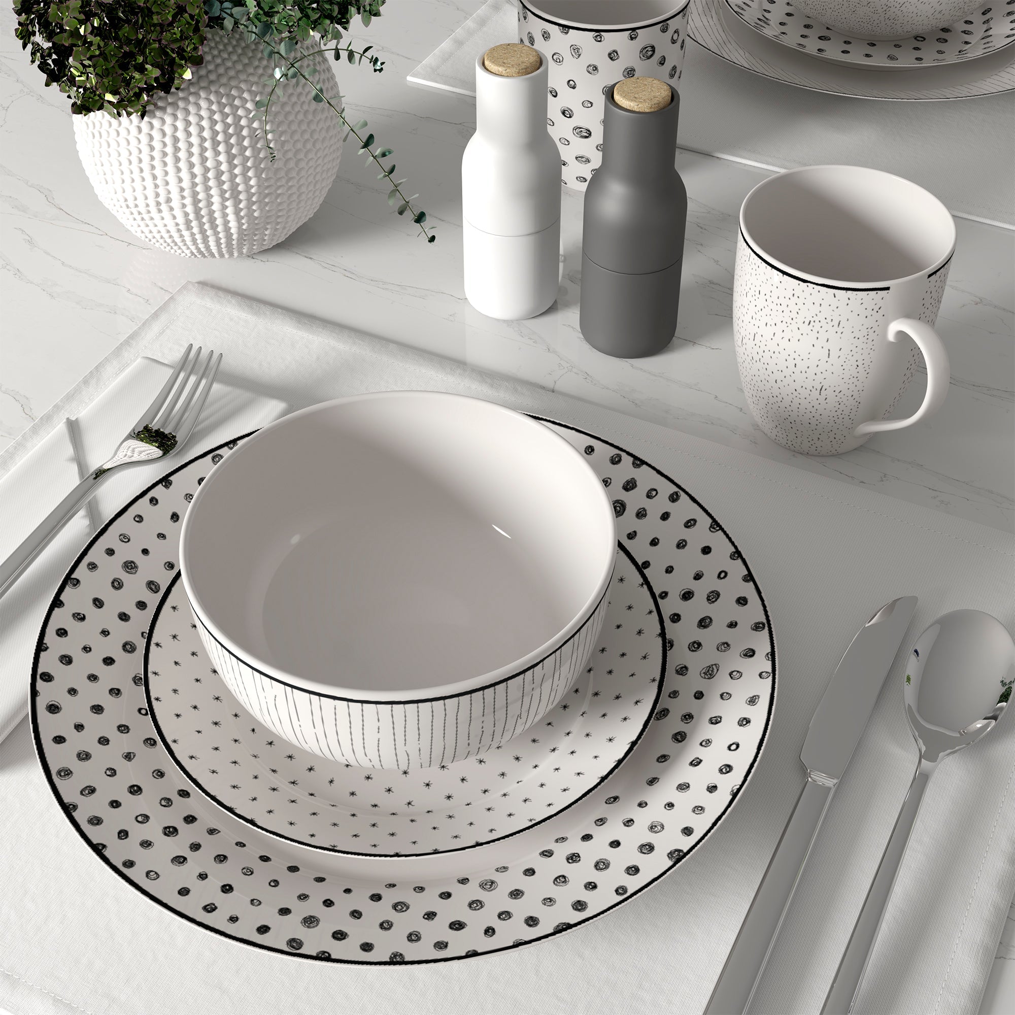 Dinnerware Set 12 Piece Black and White, Service for 4 