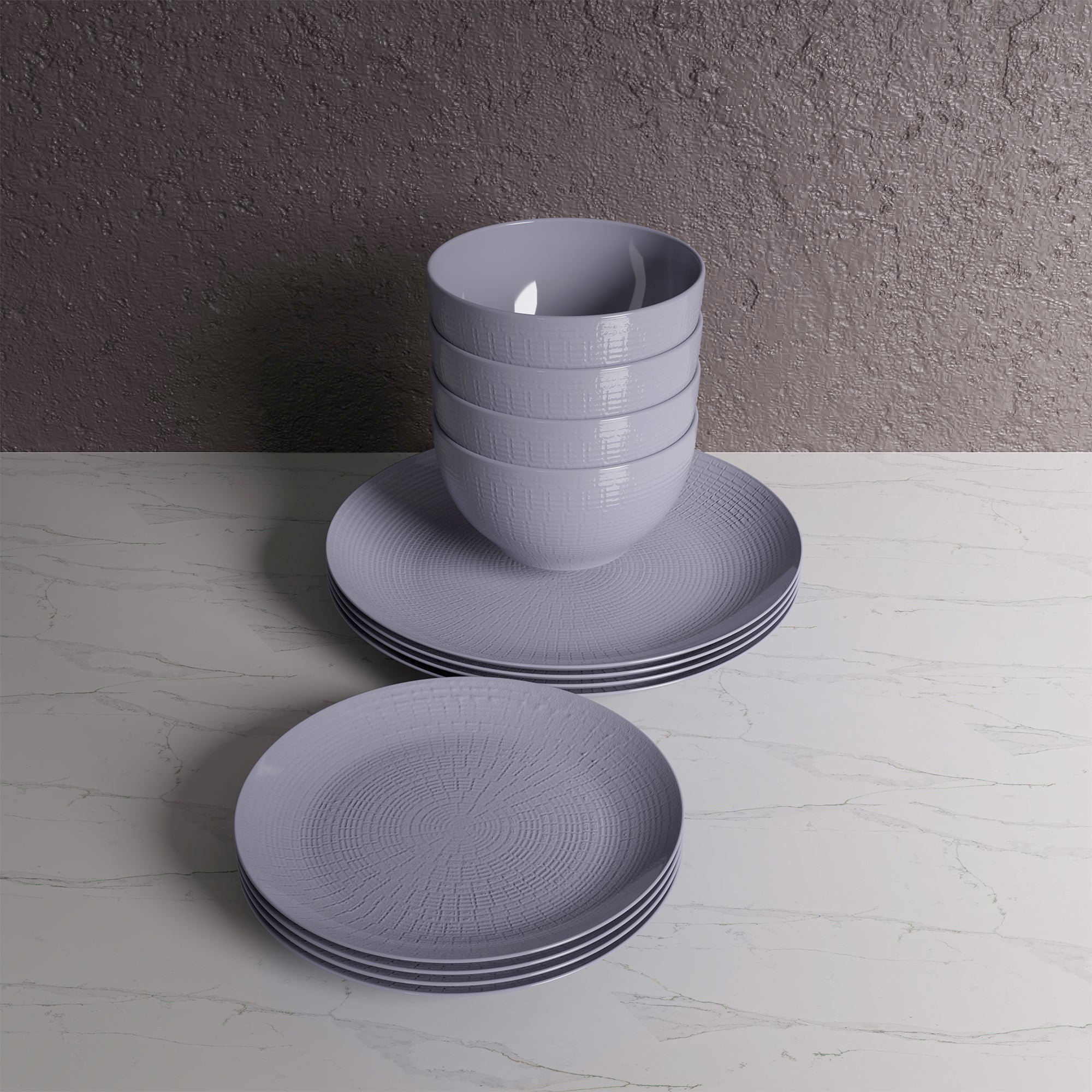 Dinnerware Set 12 Piece Embossed Grey, Service for 4 