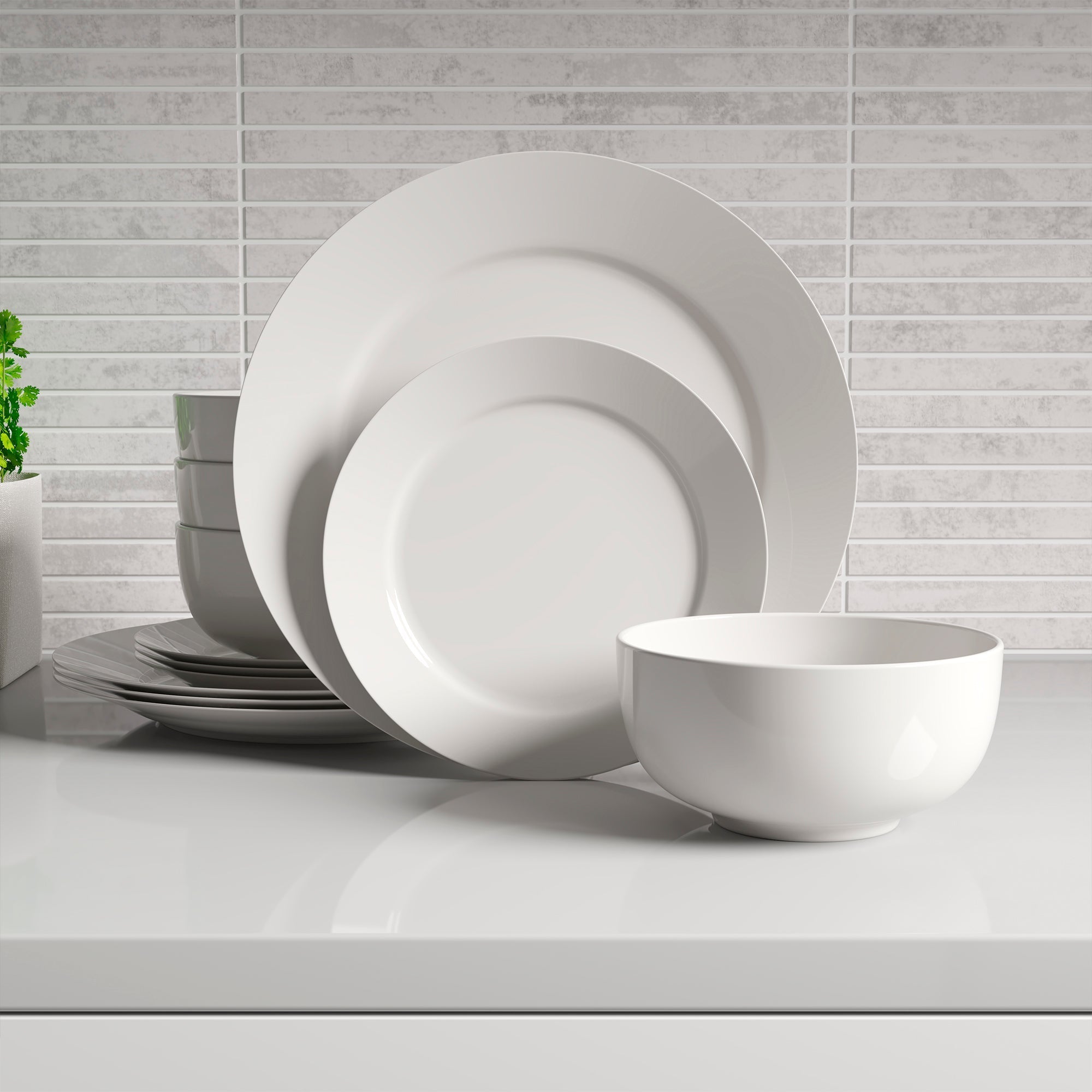 Dinnerware Set 12 Piece Plain White Round Rim, Service for 4 