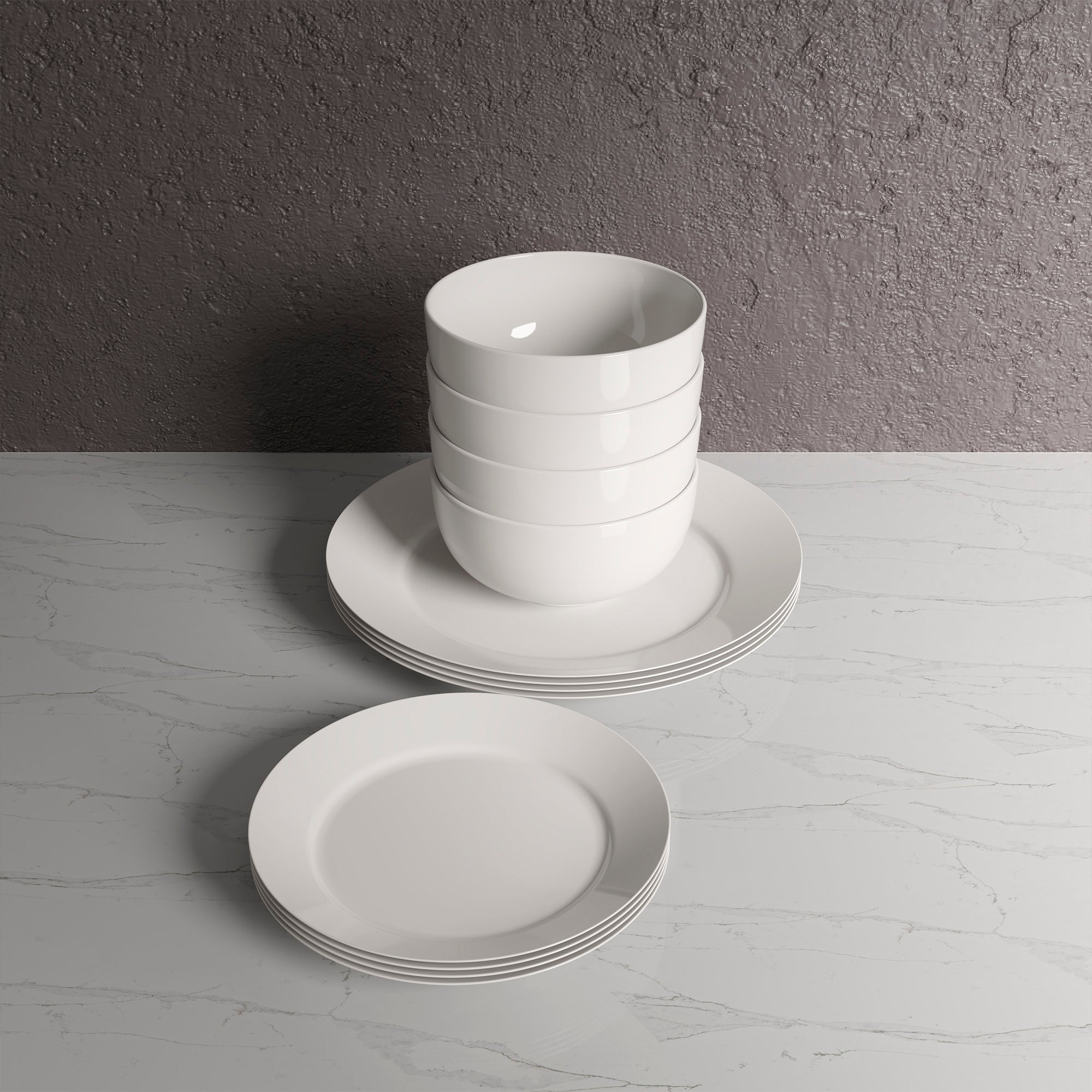 Dinnerware Set 12 Piece Plain White Round Rim, Service for 4 