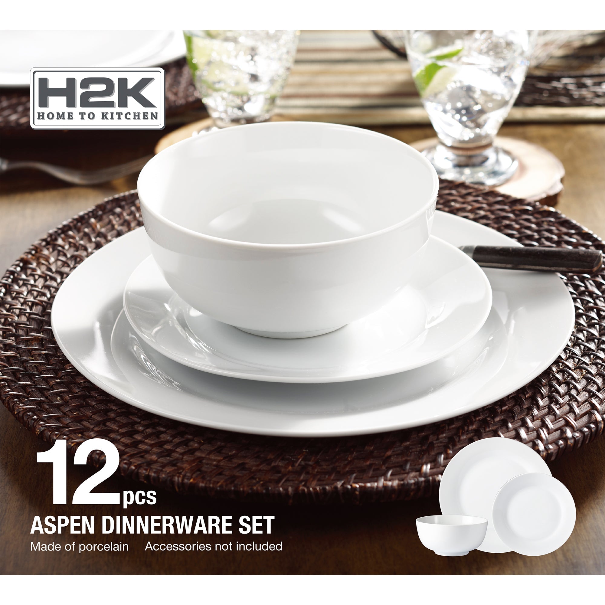 Dinnerware Set 12 Piece Plain White Round Rim, Service for 4 