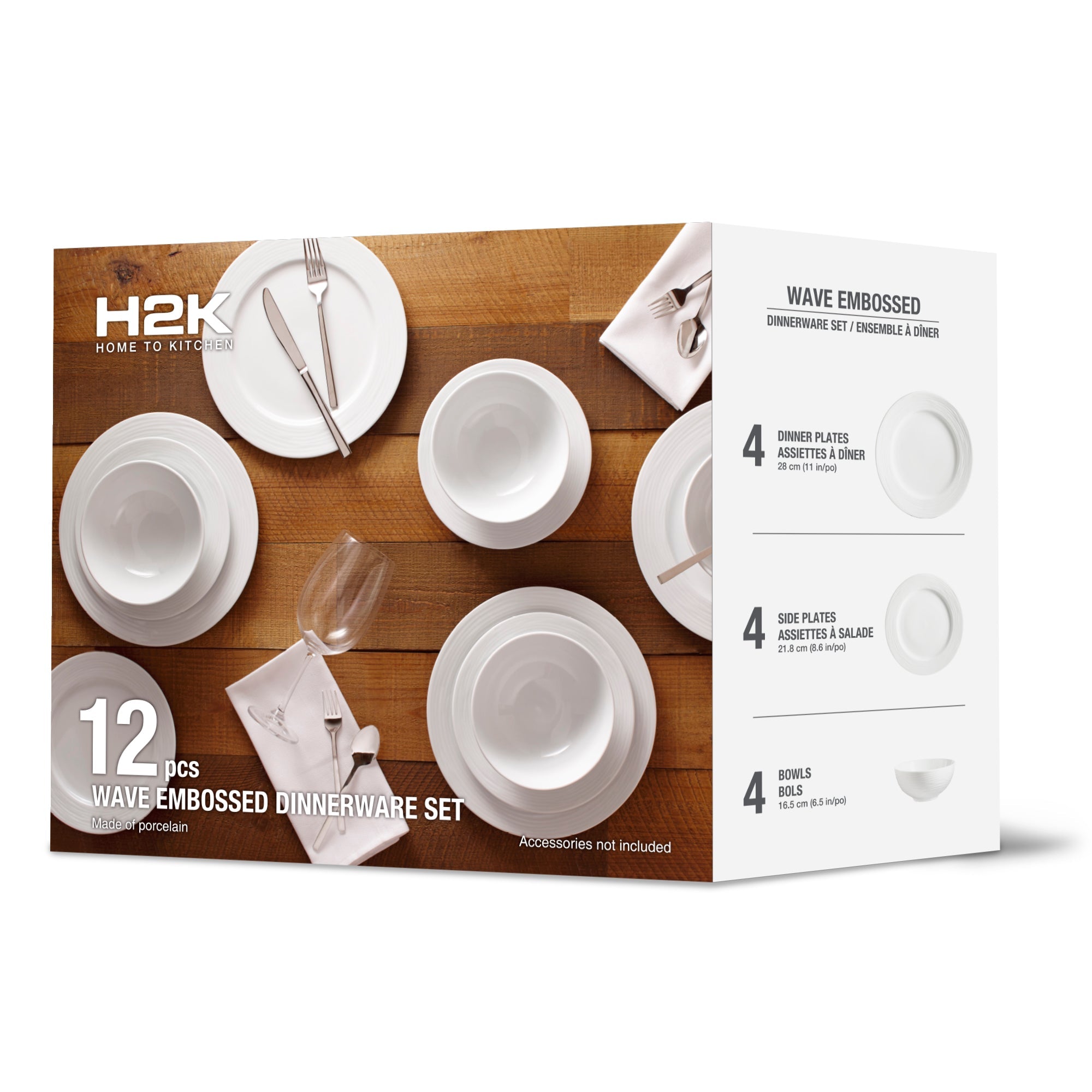 Dinnerware Set 12 Piece Round Rim Embossed Wave, Service for 4 