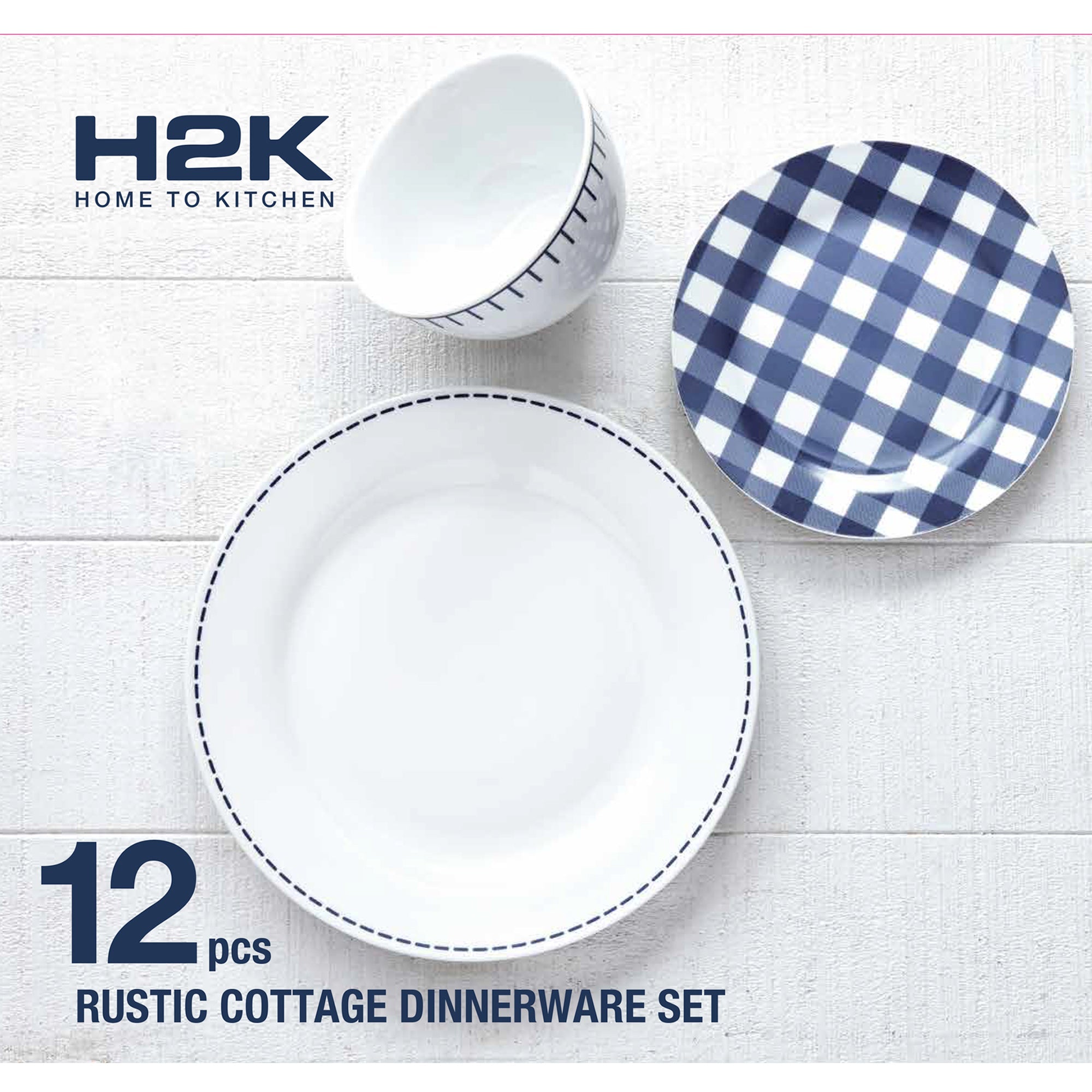 Dinnerware Set 12 Piece Rustic Cottage Navy/White, Service for 4 