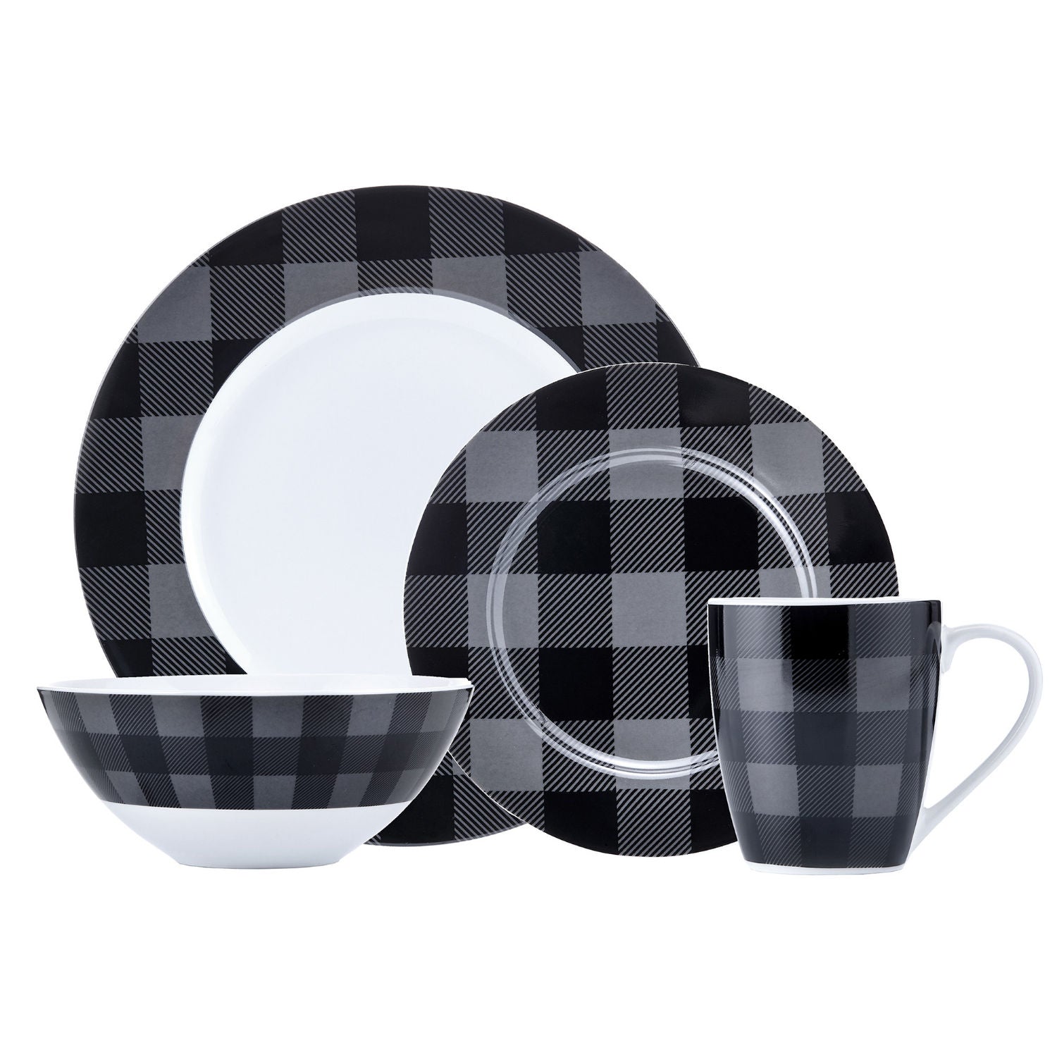 Dinnerware Set 16 Piece Buffalo Plaid Grey/Black, Service for 4 