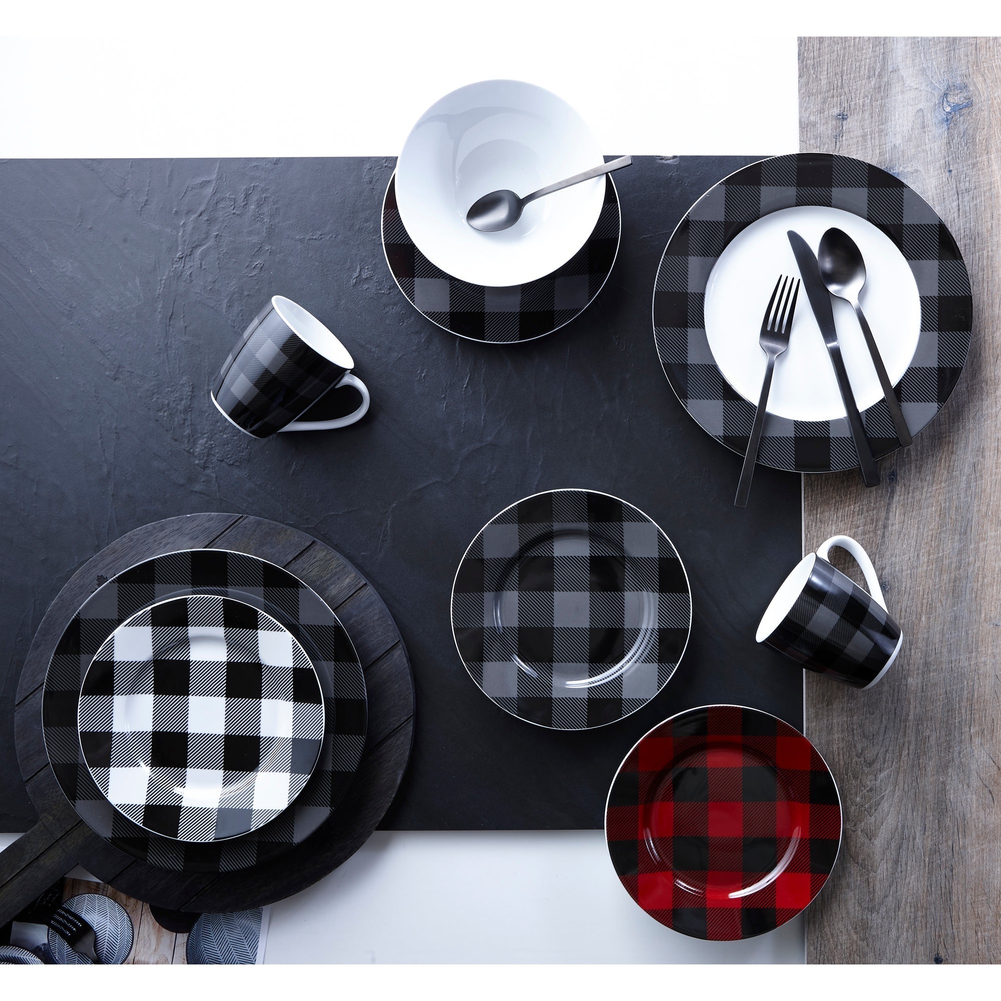 Dinnerware Set 16 Piece Buffalo Plaid Grey/Black, Service for 4 