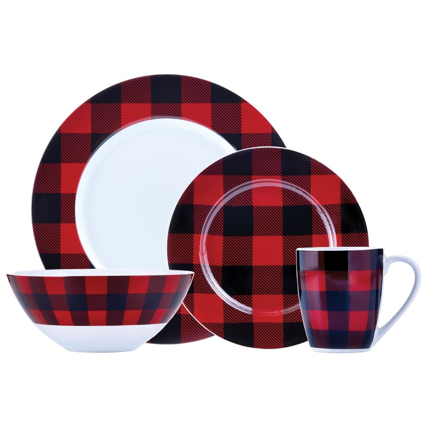 Dinnerware Set 16 Piece Buffalo Plaid Red/Black, Service for 4 