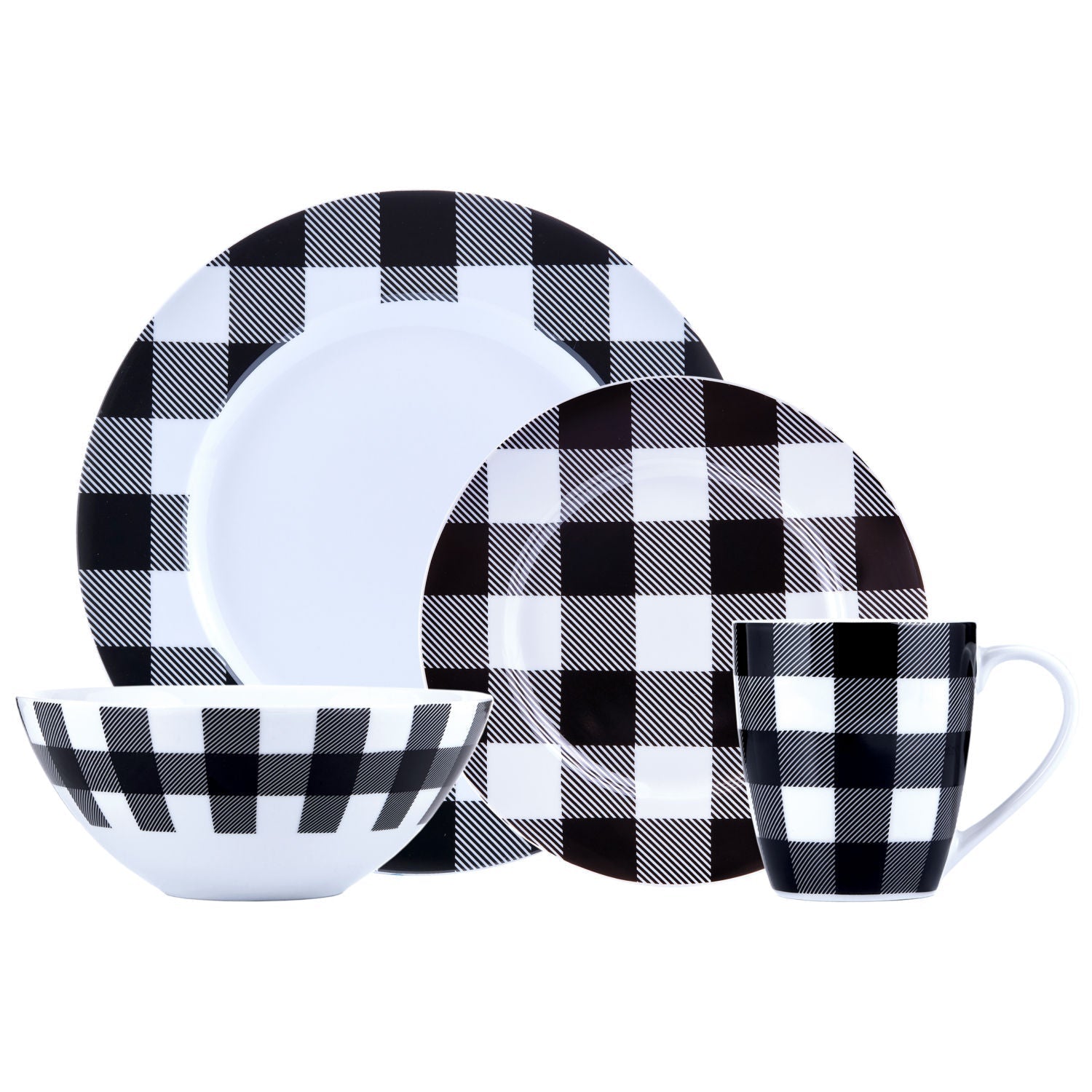 Dinnerware Set 16 Piece Buffalo Plaid White/Black, Service for 4 