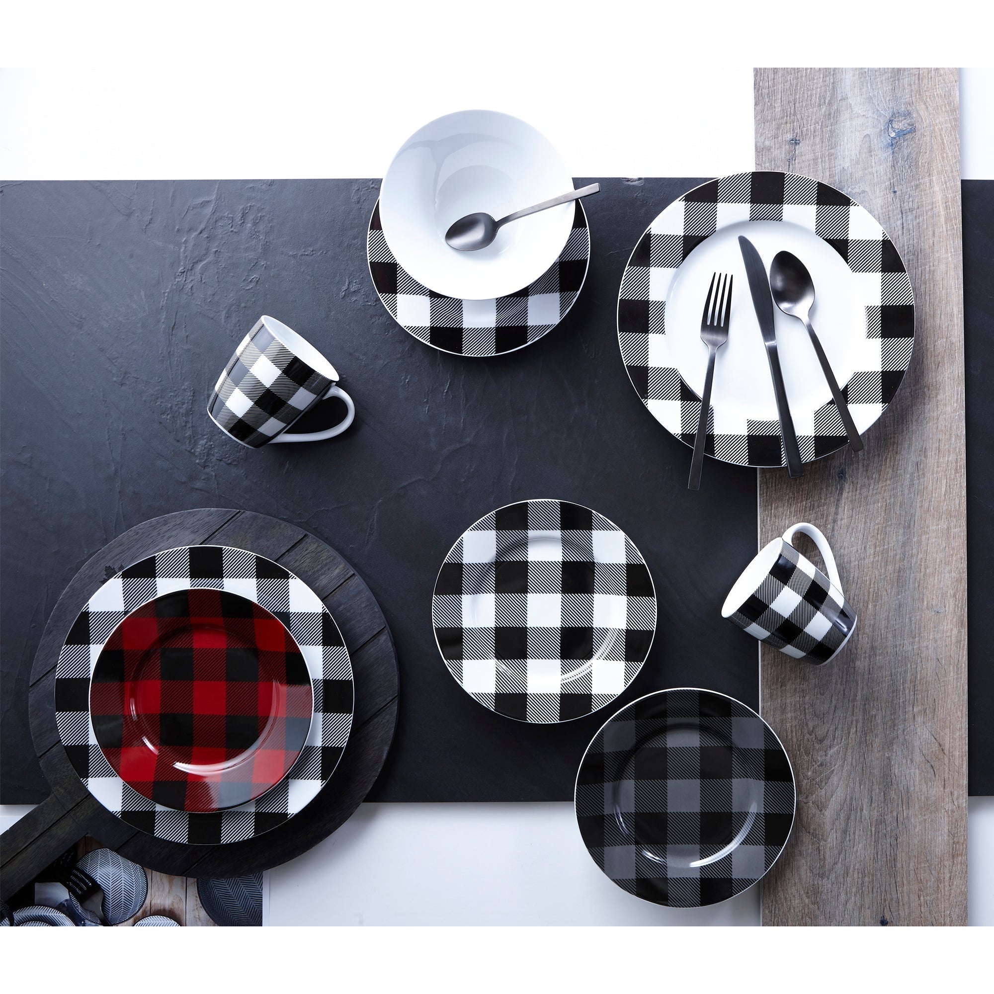 Dinnerware Set 16 Piece Buffalo Plaid White/Black, Service for 4 