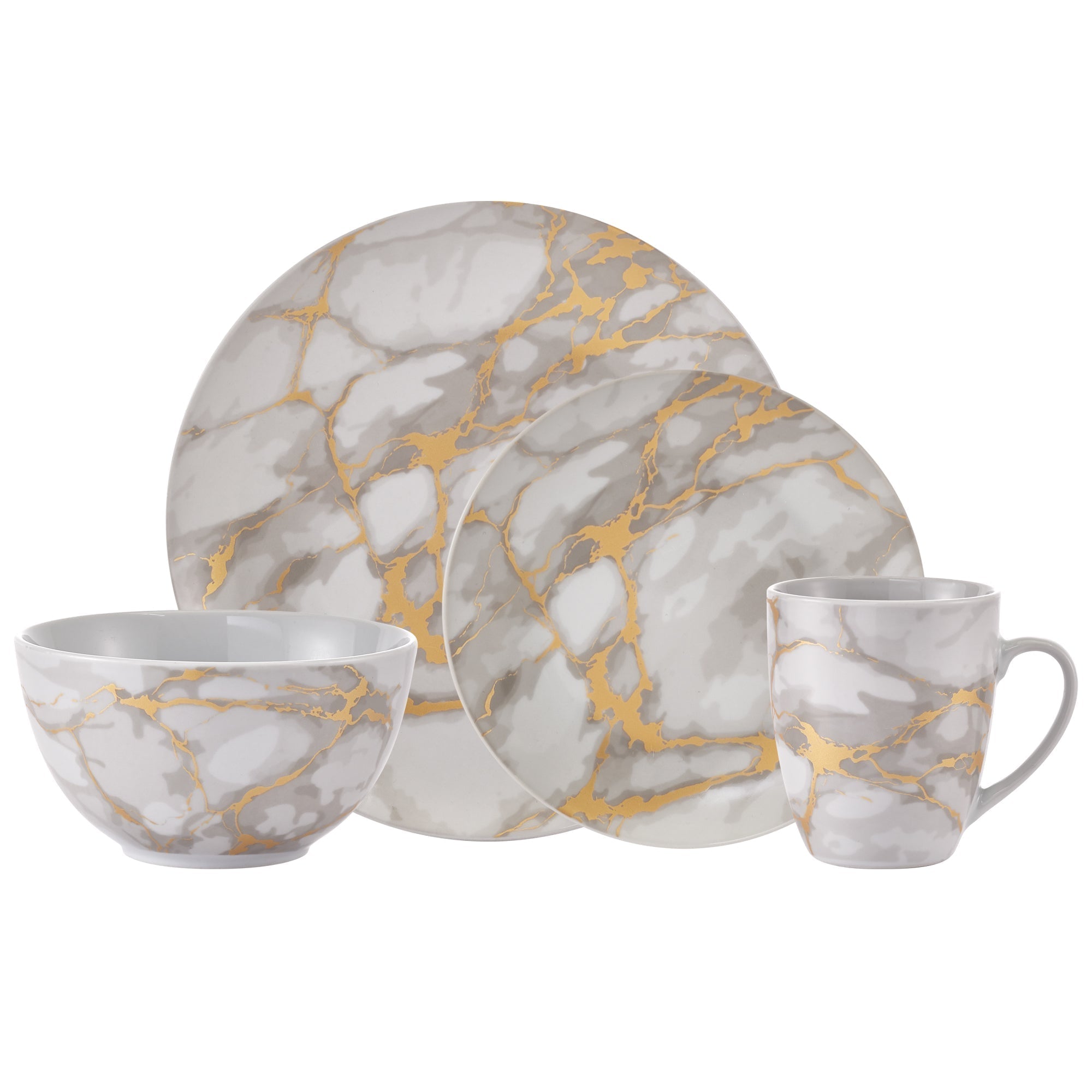 Dinnerware Set 16 Piece Coupe Porcelain Gold Marble Look, Service for 4 