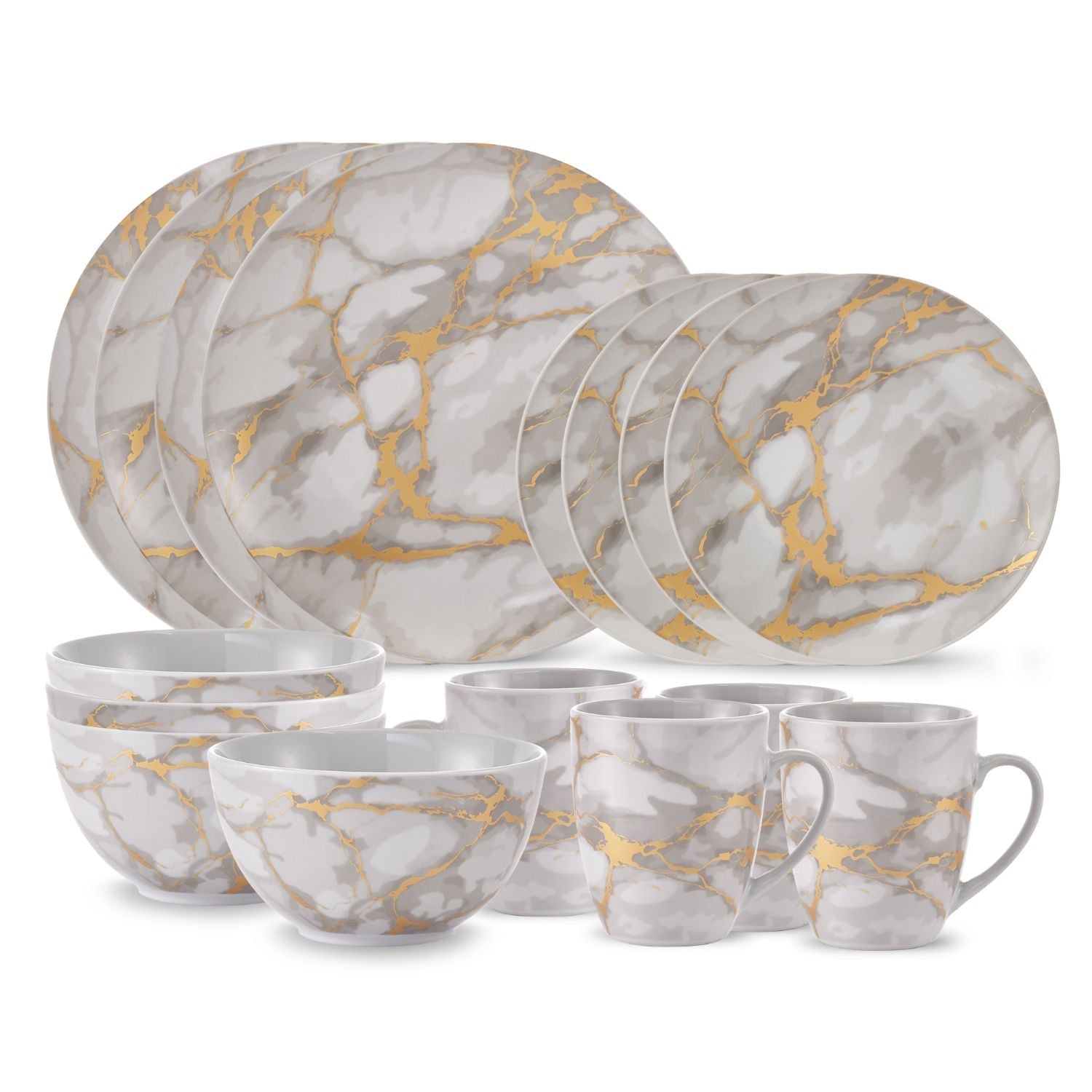 Dinnerware Set 16 Piece Coupe Porcelain Gold Marble Look, Service for 4 
