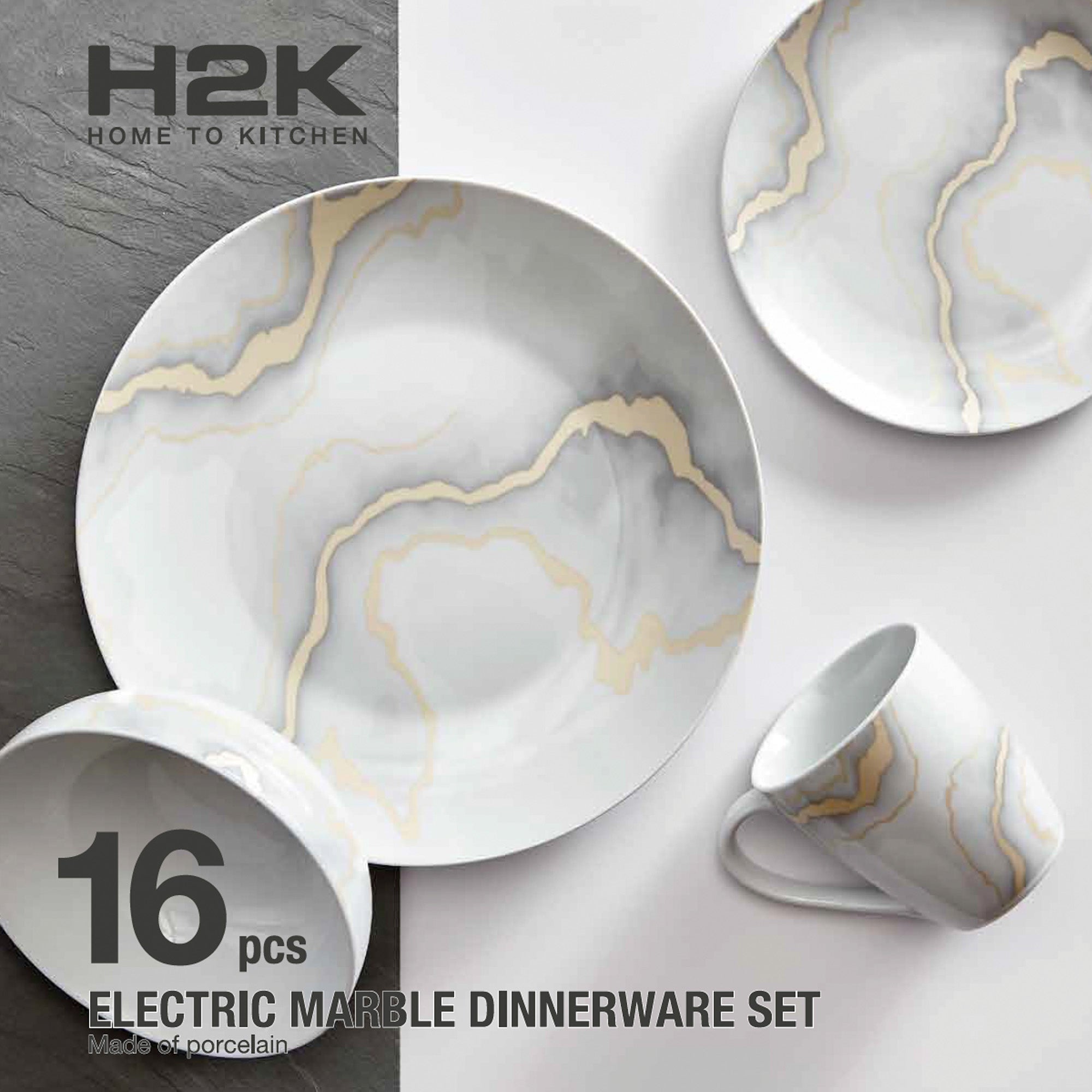 Dinnerware Set 16 Piece Electric Gold Marble, Service for 4 