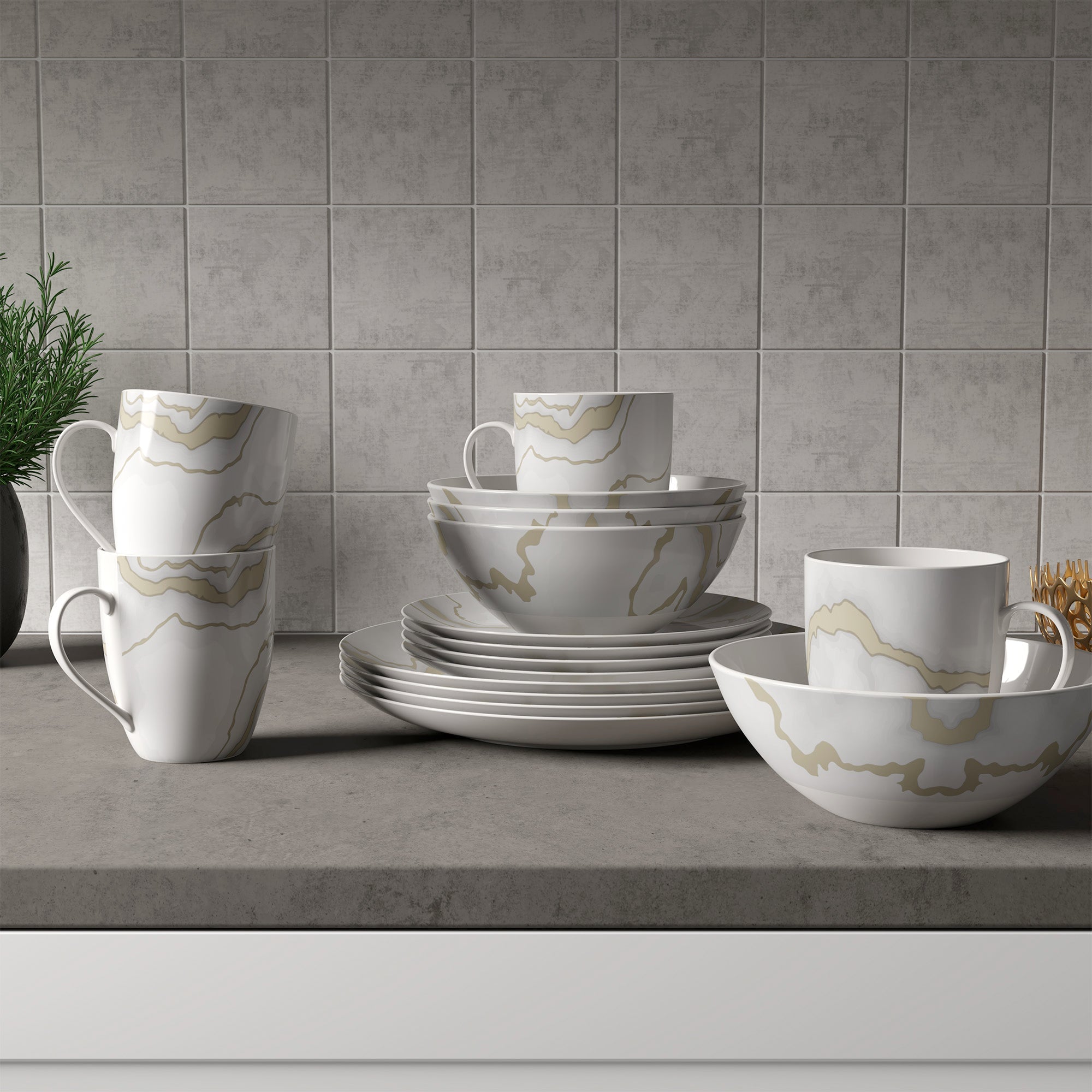 Dinnerware Set 16 Piece Electric Gold Marble, Service for 4 