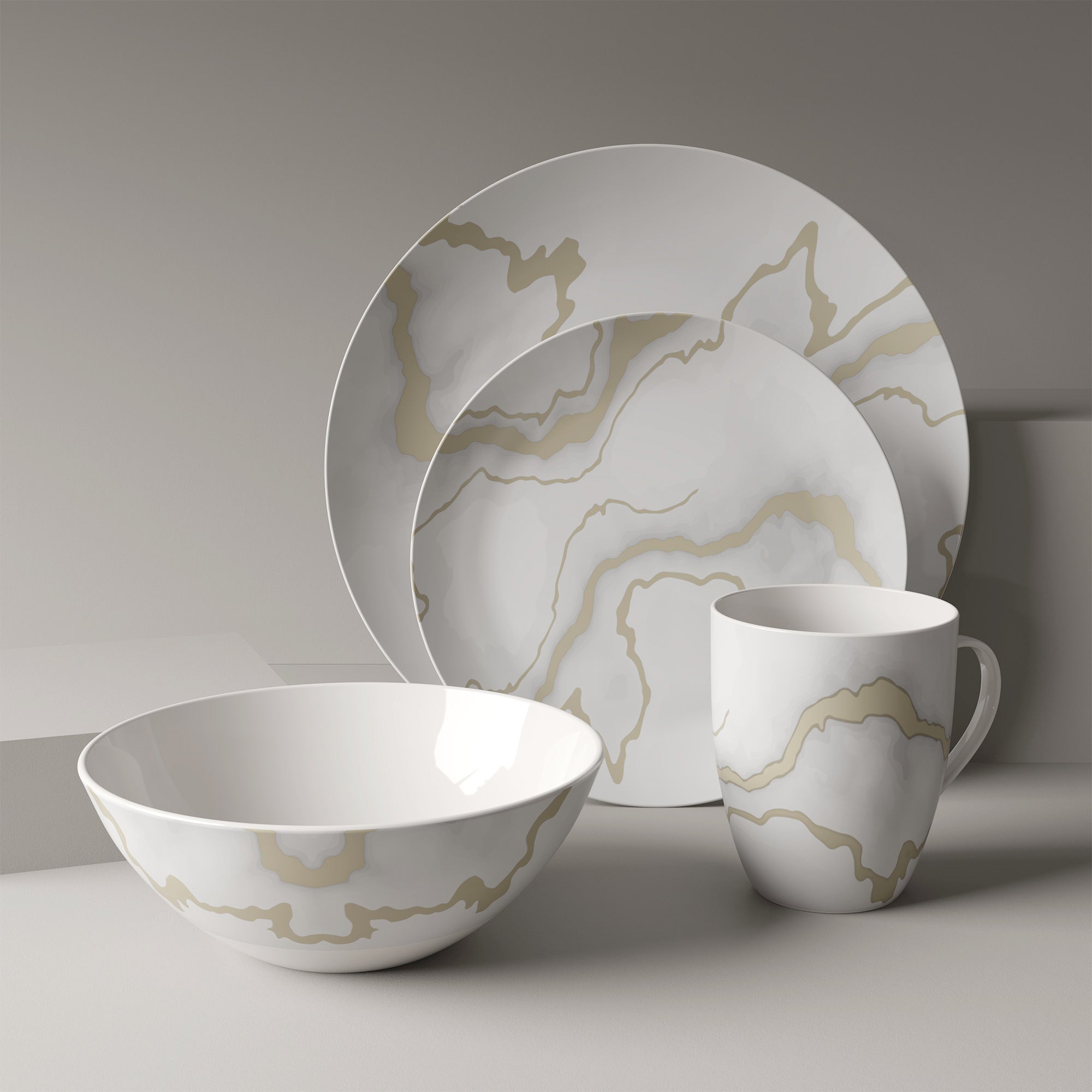 Dinnerware Set 16 Piece Electric Gold Marble, Service for 4 