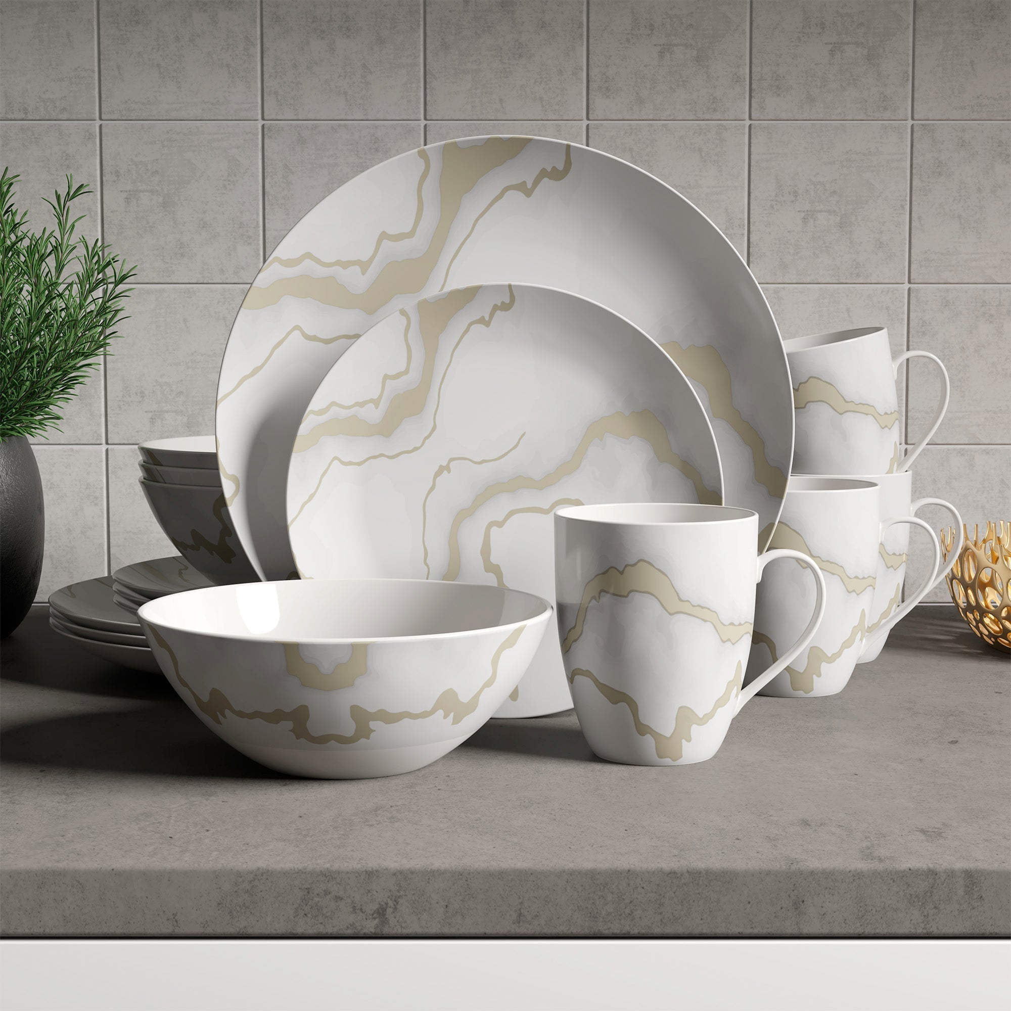 Dinnerware Set 16 Piece Electric Gold Marble, Service for 4 