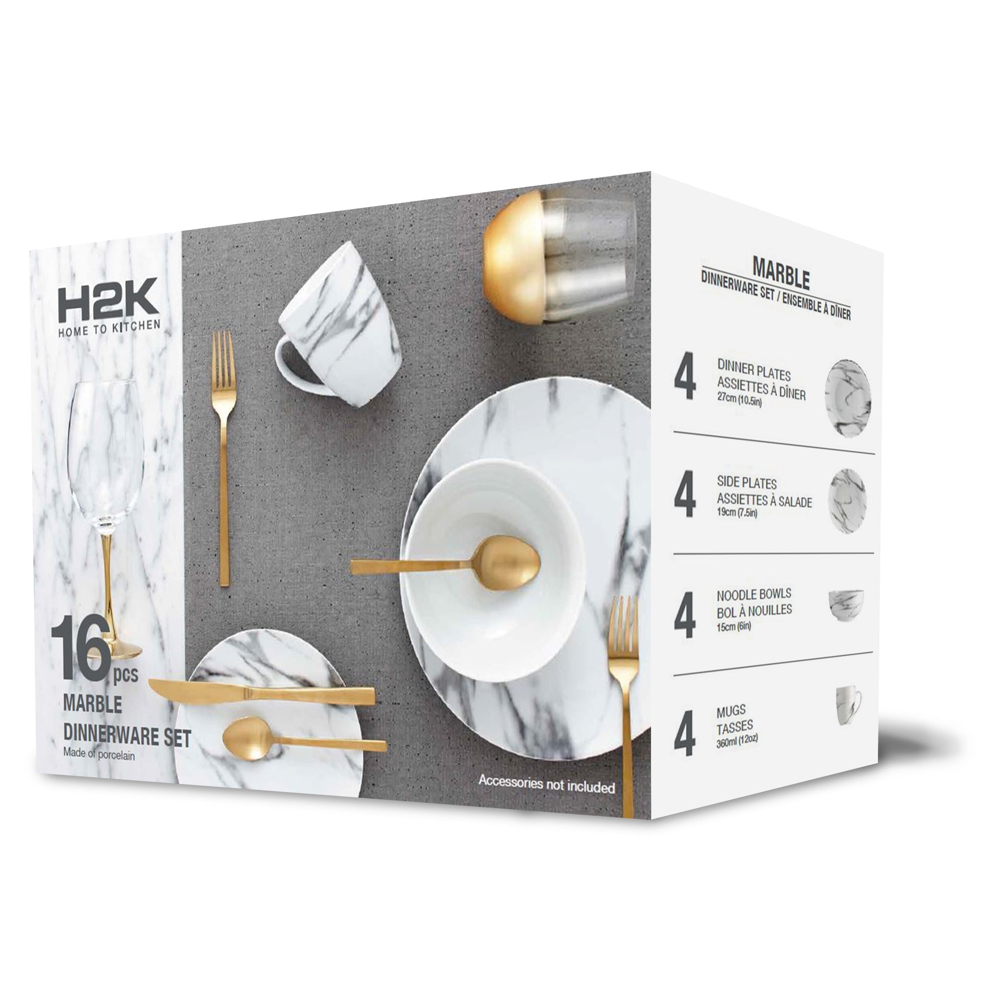 Dinnerware Set 16 Piece Porcelain Coupe Marble, Service for 4 