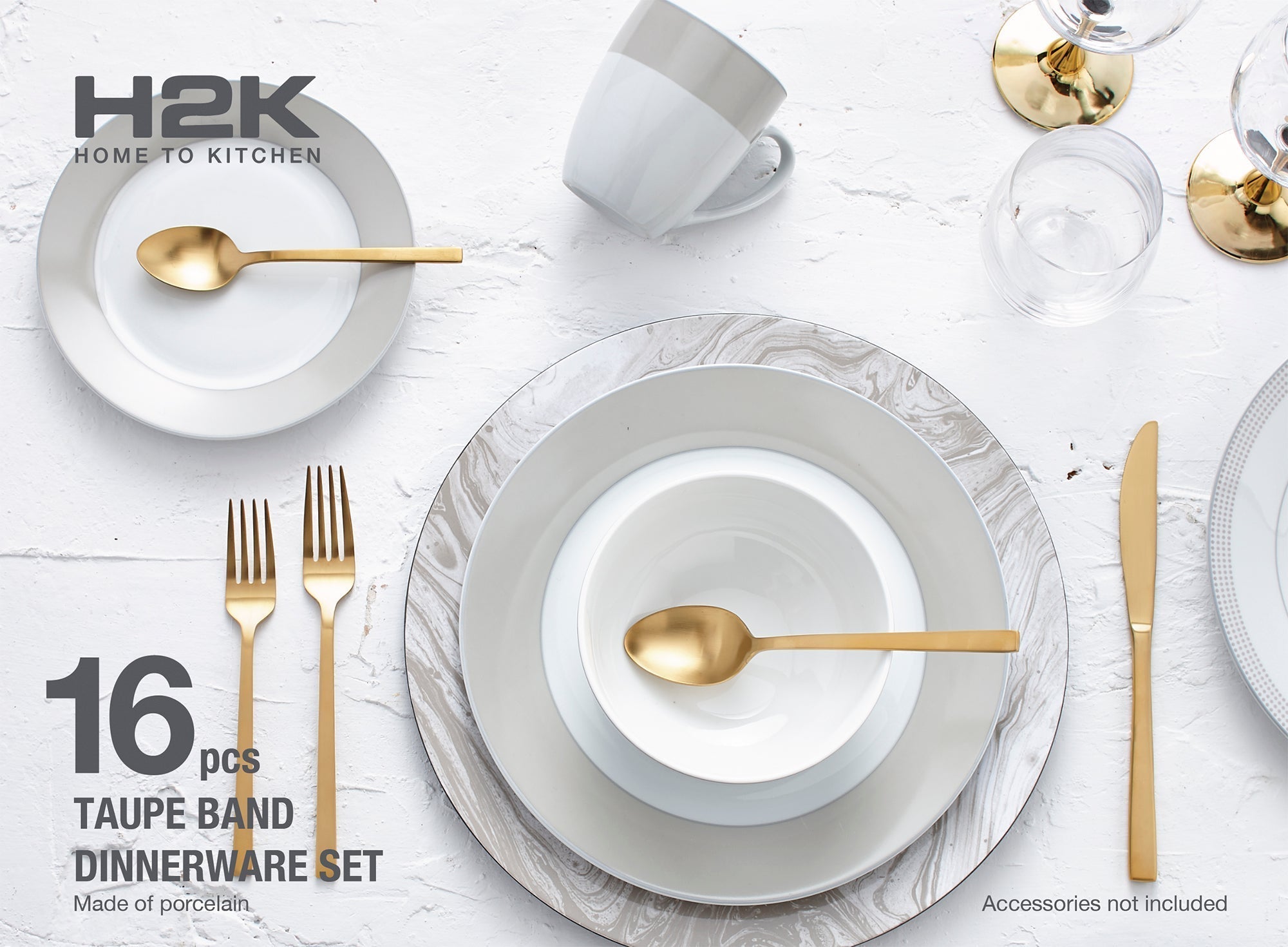 Dinnerware Set Round Rim 16 Piece Taupe Band , Service for 4 