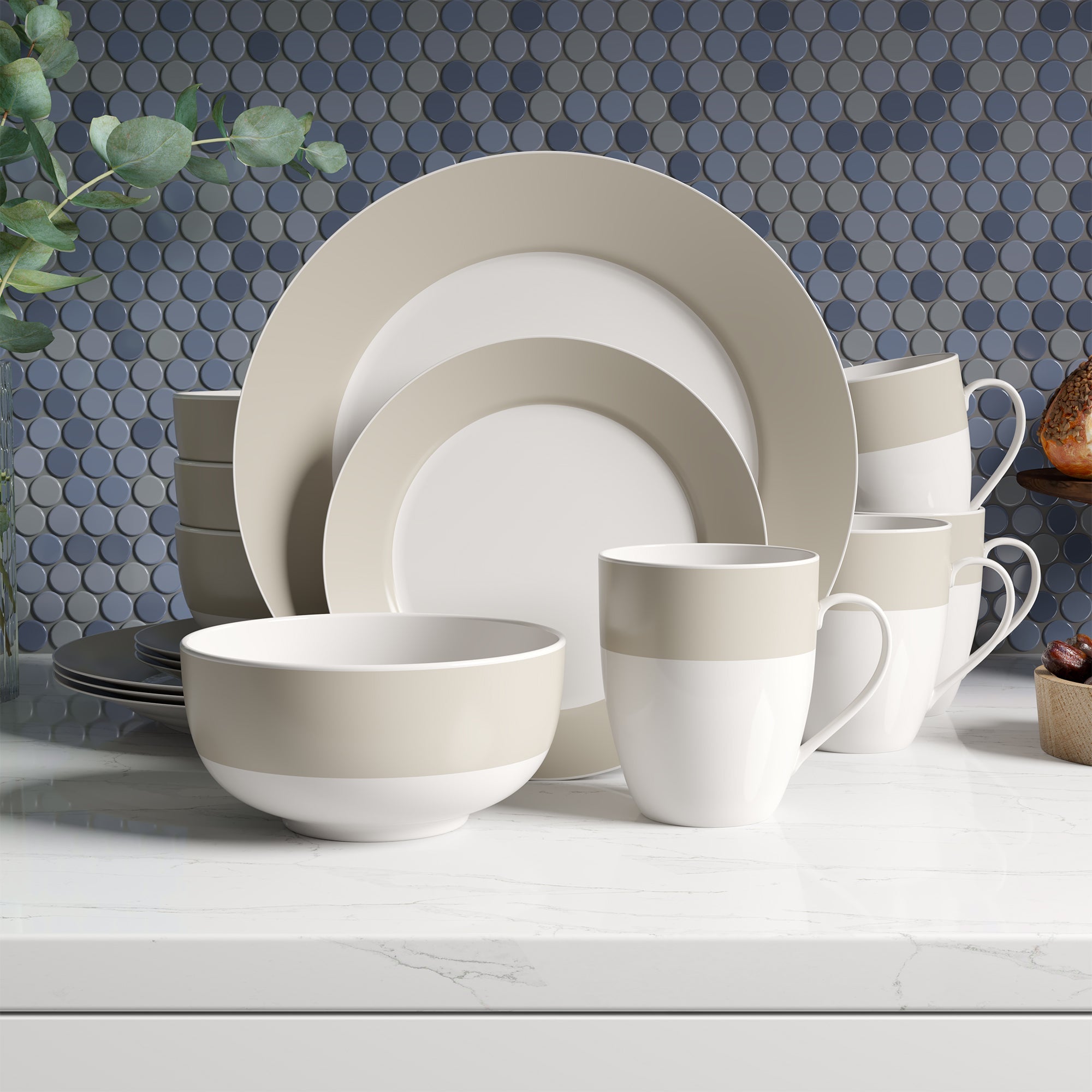 Dinnerware Set Round Rim 16 Piece Taupe Band , Service for 4 