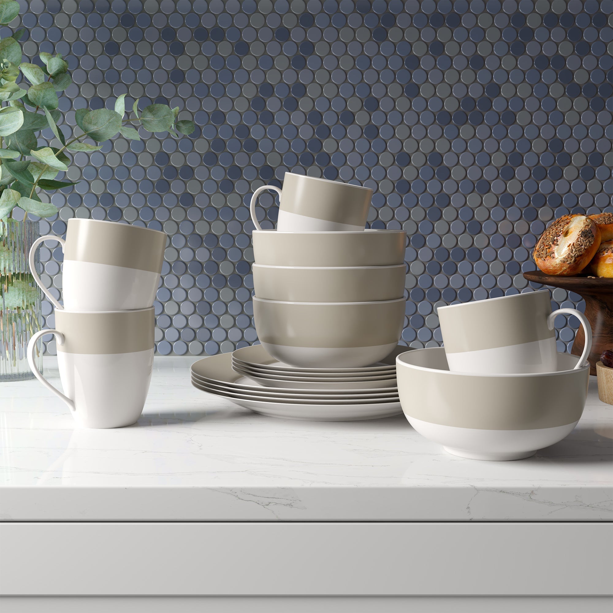 Dinnerware Set Round Rim 16 Piece Taupe Band , Service for 4 