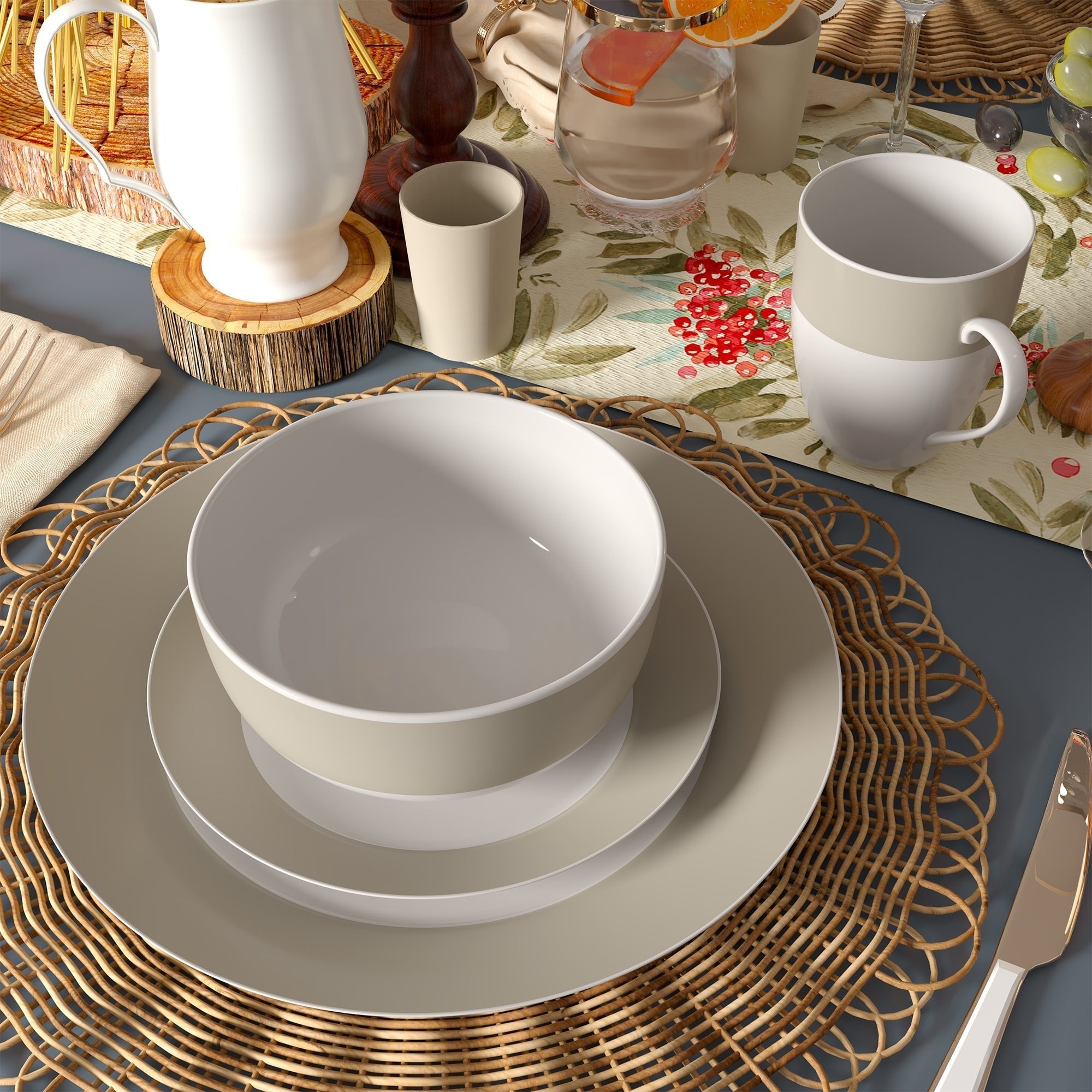 Dinnerware Set Round Rim 16 Piece Taupe Band , Service for 4 