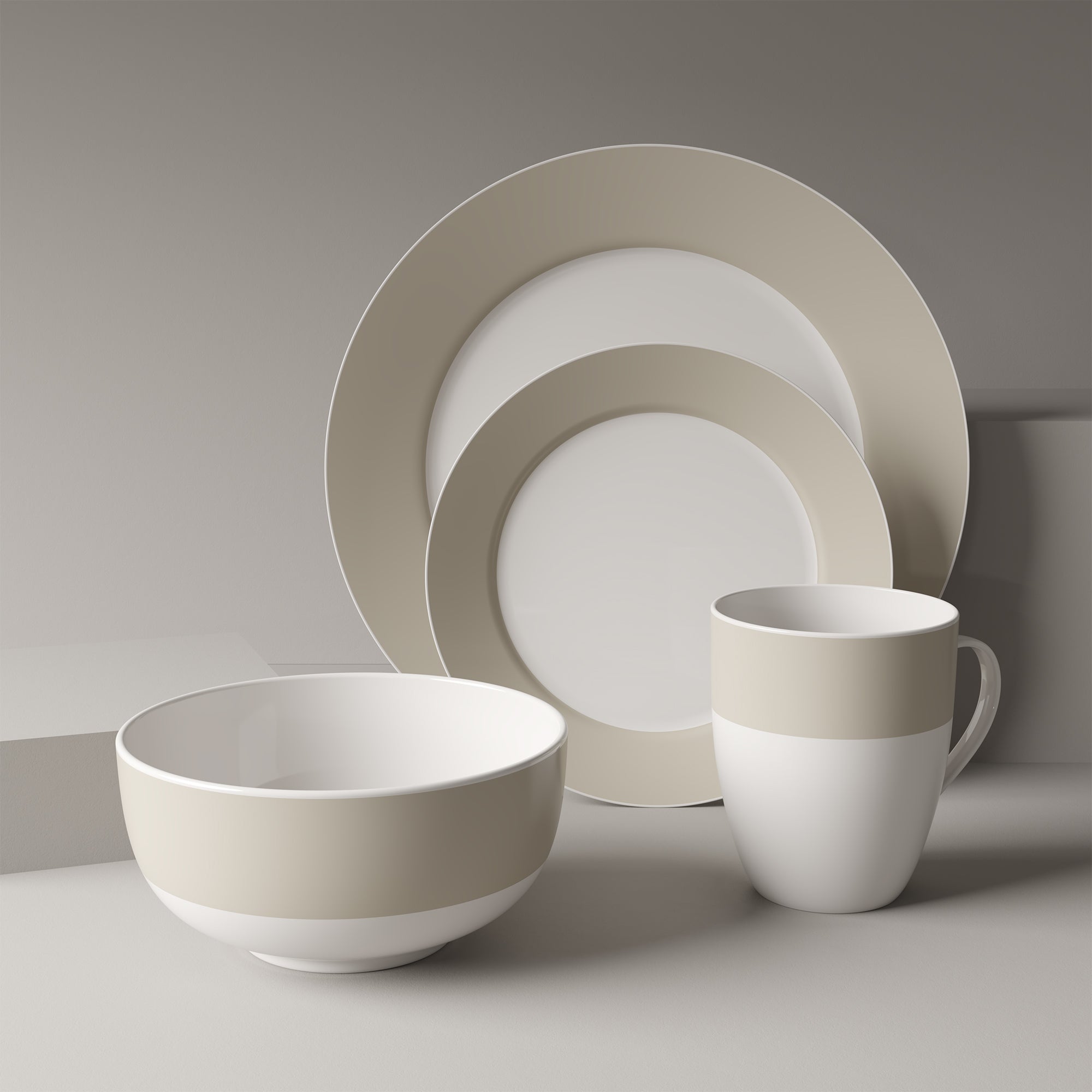 Dinnerware Set Round Rim 16 Piece Taupe Band , Service for 4 