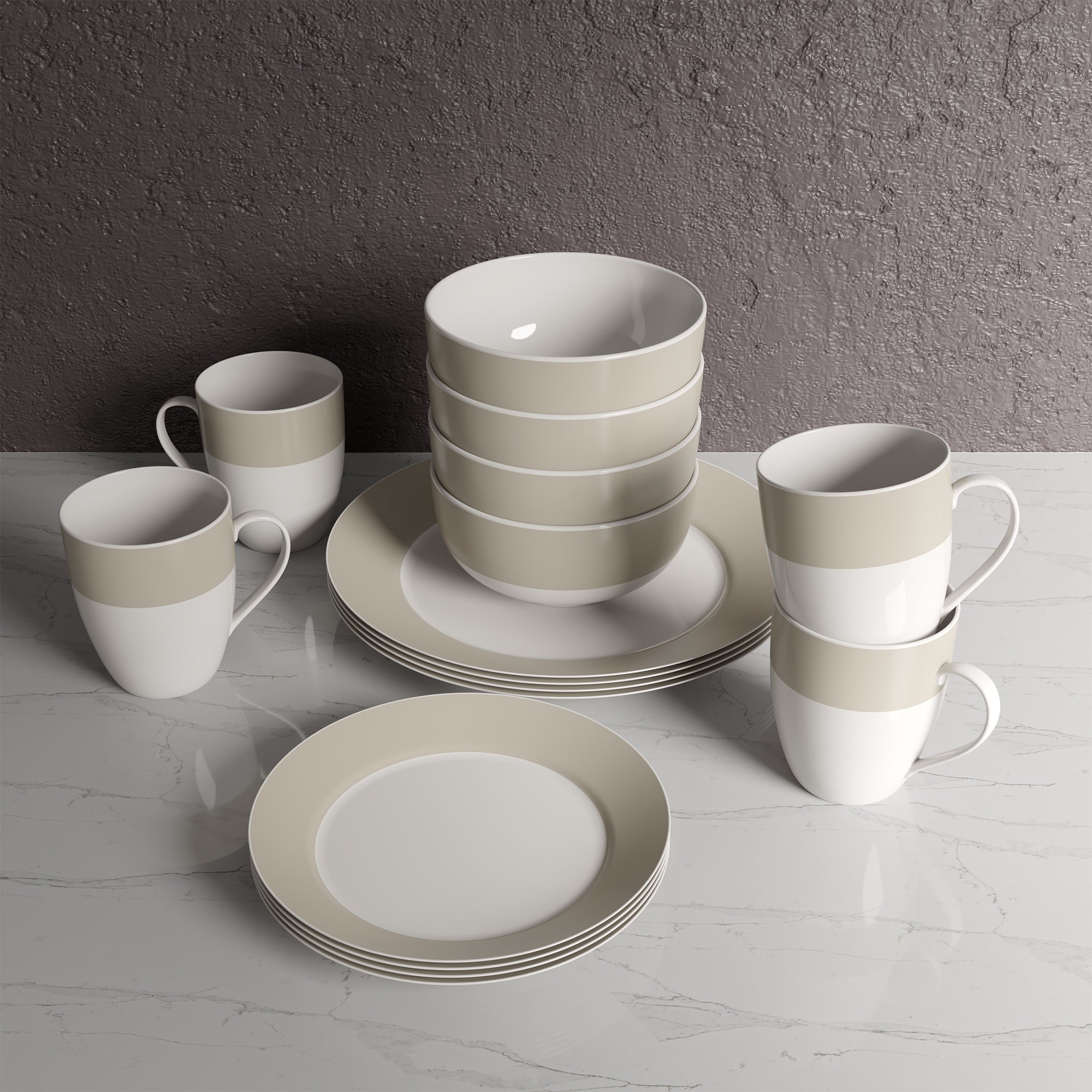 Dinnerware Set Round Rim 16 Piece Taupe Band , Service for 4 
