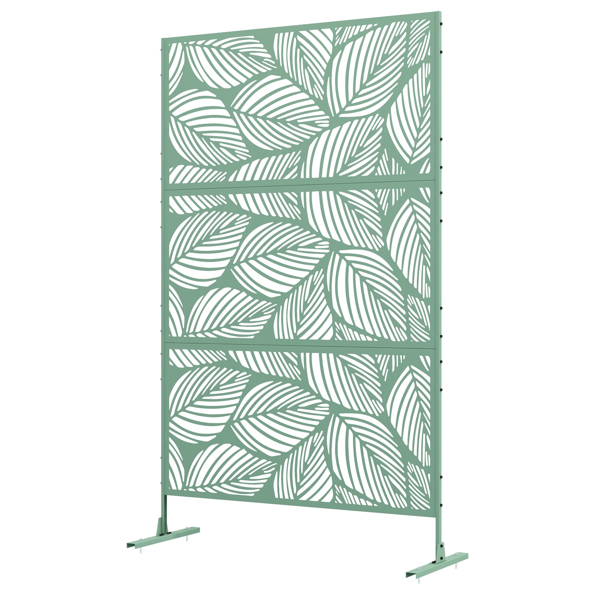 Outsunny 6.5FT Decorative Outdoor Divider, Metal Privacy Screen with Stand, Leaf Style, Light Green 