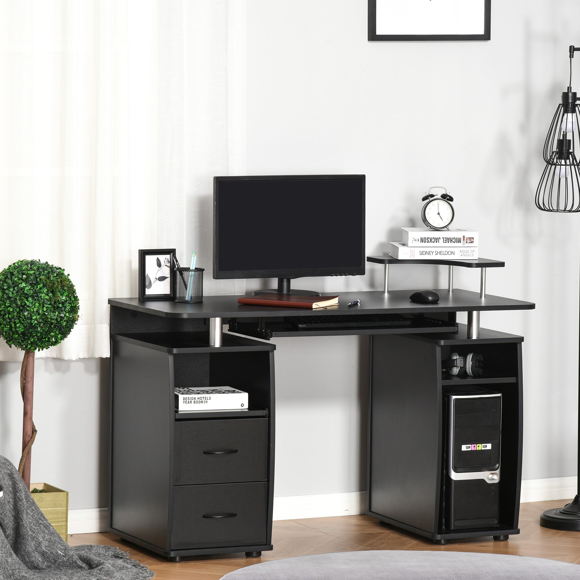 HOMCOM Home Office Computer Desk Keyboard Tray CPU Stand Black Workstation Furniture Study Table 