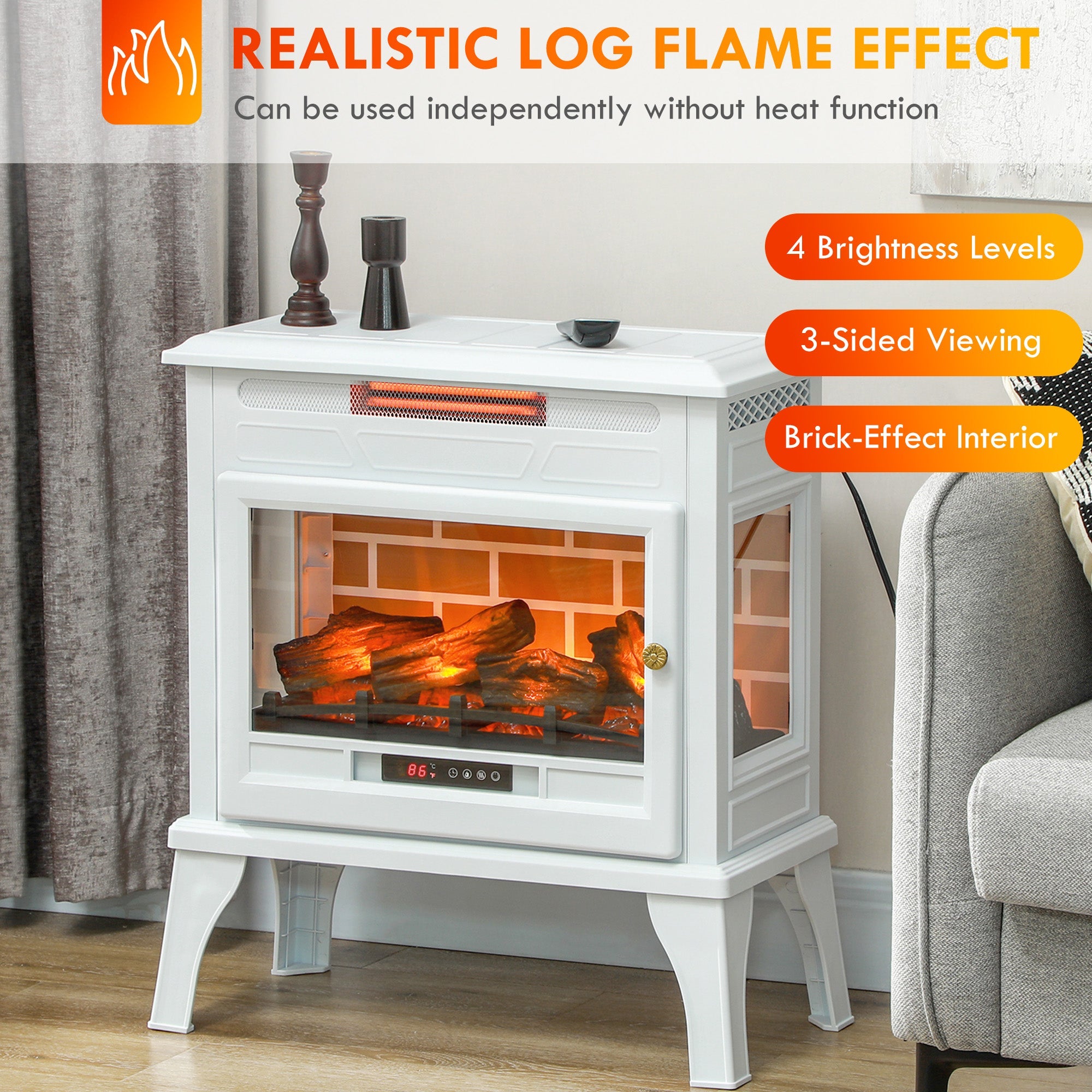 HOMCOM 24" Electric Fireplace Stove, 1000W/1500W Freestanding Fireplace Heater with Realistic 3D Flame Effect, Remote, White 
