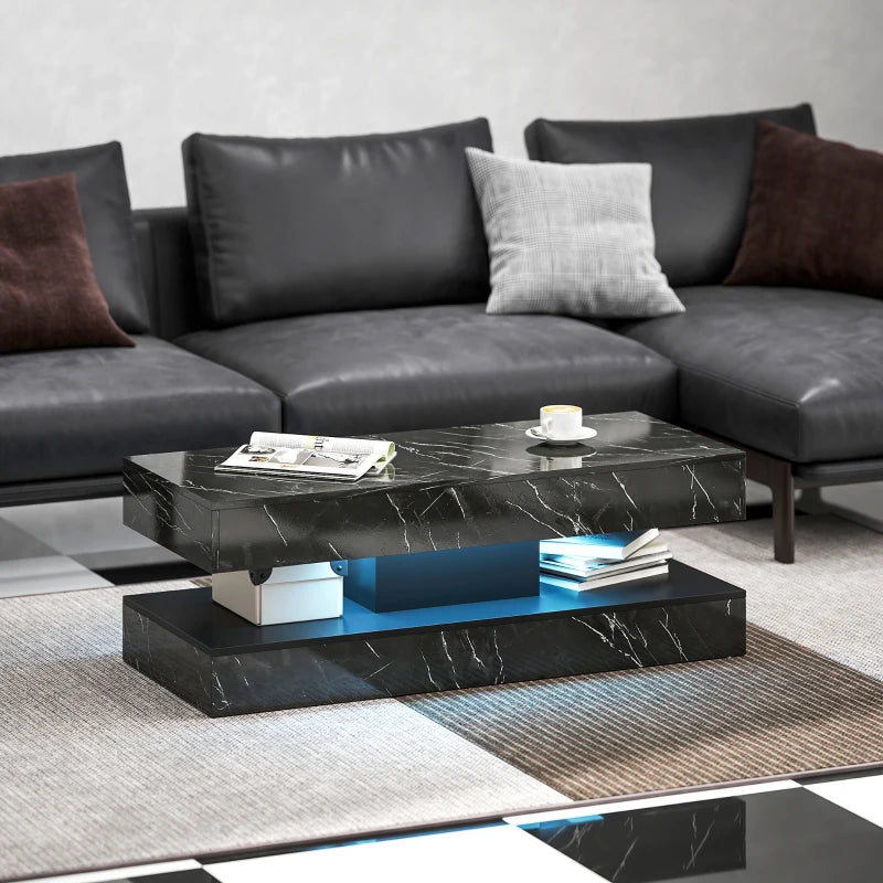 Coffee Table with Adjustable LED Lights, Center Table with 2 Drawers, Open Shelf, Remote, High Gloss Marble-Effect Black