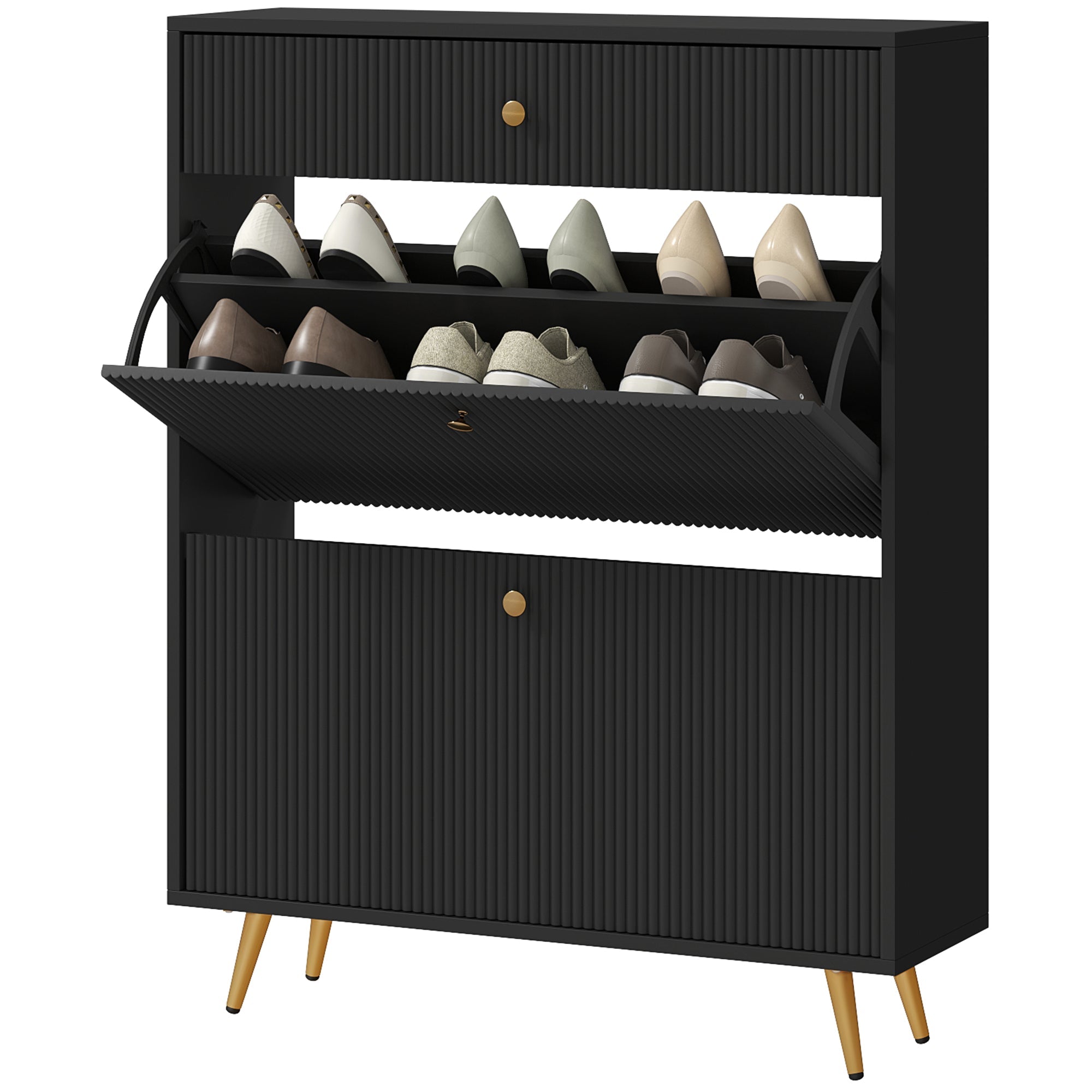 HOMCOM Narrow Shoe Storage Cabinet with Wave-like Panels and Adjustable Shelves for 12 Pairs of Shoes, Black 