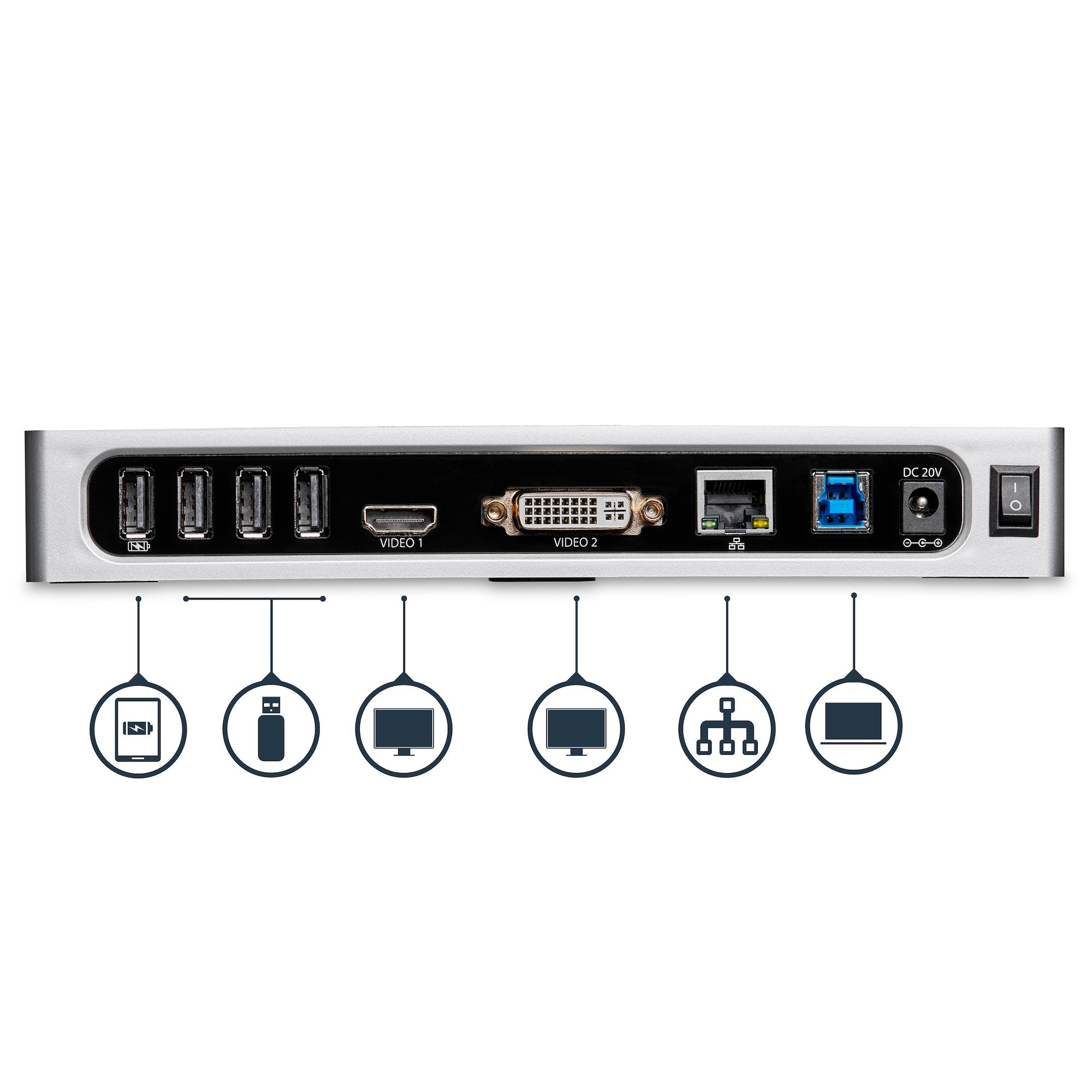 USB 3.0 Docking Station - Dual Monitor Laptop Docking Station with HDMI & DVI/VGA Video - 6-port USB 3.1 Gen 1 5Gbps Hub, GbE, Audio - Universal Type-A Dock - Windows & Mac 