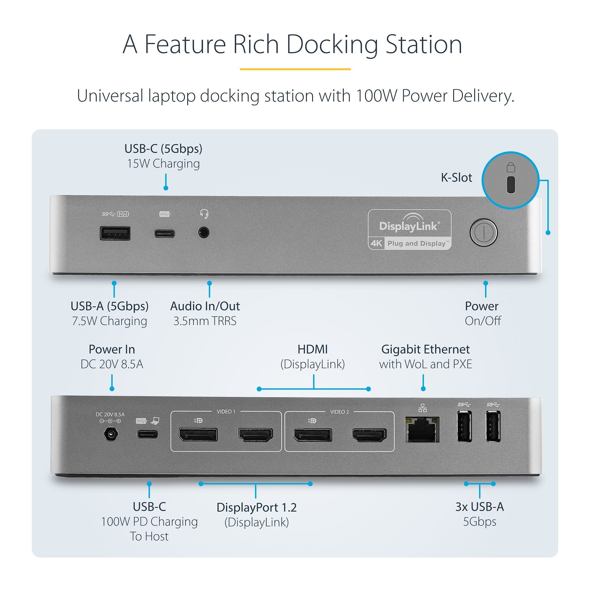 Universal Laptop Docking Station, Hybrid USB-C & USB-A Dock, Dual 4K DP & HDMI, 100W PD, Mac / Windows / Chrome OS, 4x USB 5Gbps Hub, GbE 