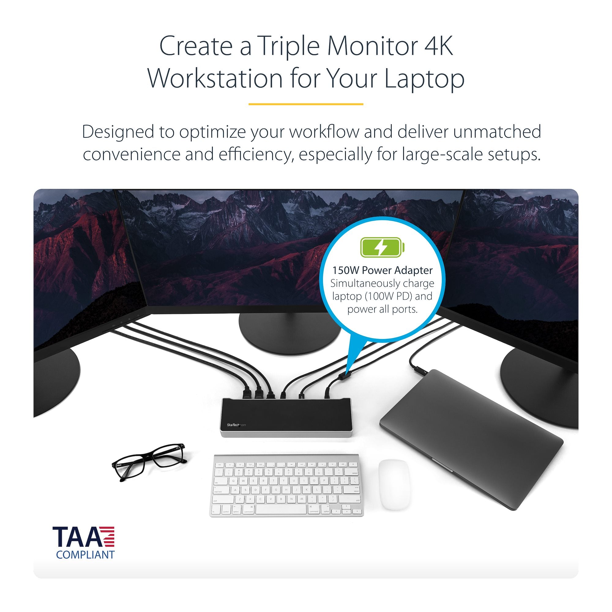 4K USB-C Dock, Triple UHD 4K Monitor Docking Station, Mac & Windows, USB C to HDMI & DisplayPort, 100W Power Delivery, 5x USB 5Gbps Hub - TAA 