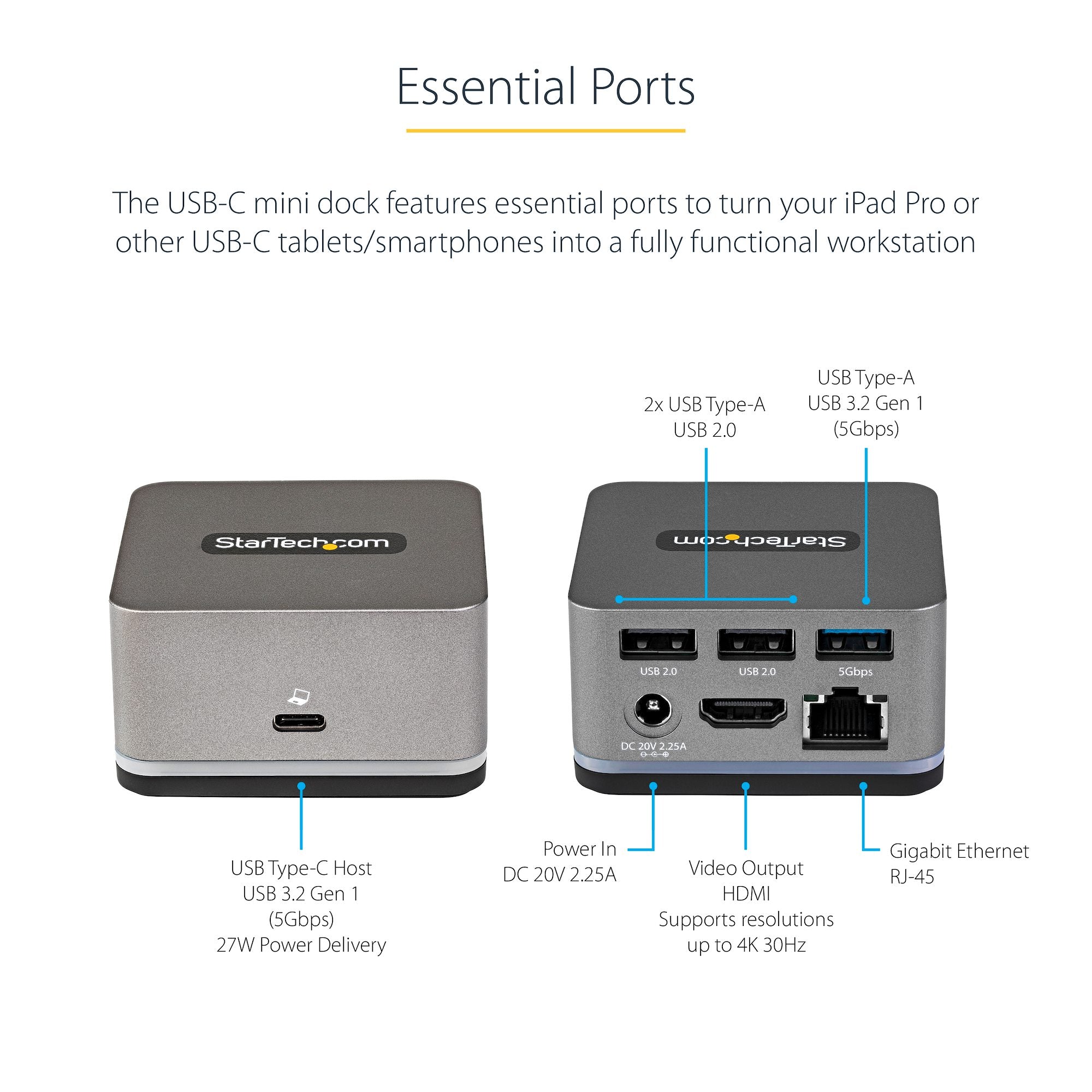 USB C Mini Dock for Chromebooks, iPad Pro, Android Tablets/Smartphones, USB-C Chromebook Docking Station w/ 4K 30Hz HDMI, 27W Power Delivery Charging, 3-Port USB Hub, Gigabit Ethernet - TAA 