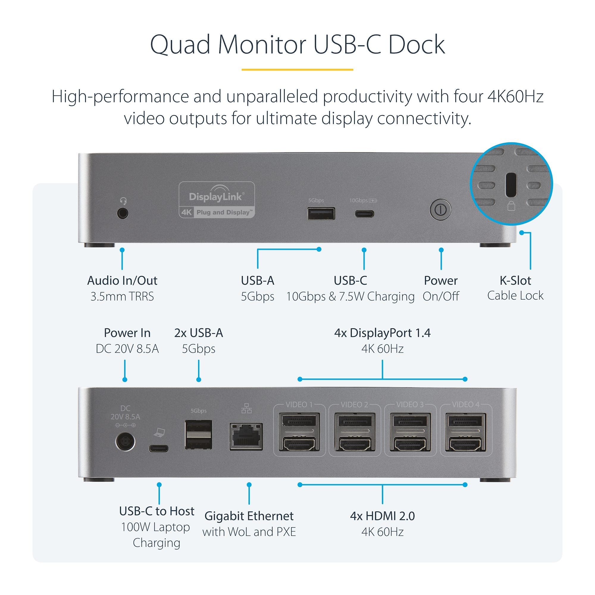 USB C Dock - 4K 60Hz Quad Monitor DisplayPort & HDMI - Universal USB-C Docking Station with 100W Power Delivery - USB Hub with 1x USB Type-C & 3x USB-A, Ethernet, Audio 
