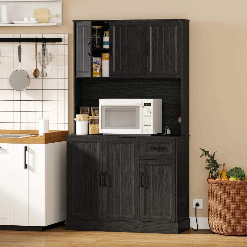 71" Pantry Cabinet with Charging Station, Kitchen Storage Cabinet with Microwave Stand, Adjustable Shelves, Black