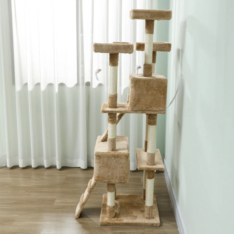 68-inch Multi-Level Cat Scratching Tree Kitty Activity Center Post Tower Condo Pet Furniture w/ Toy Light Brown