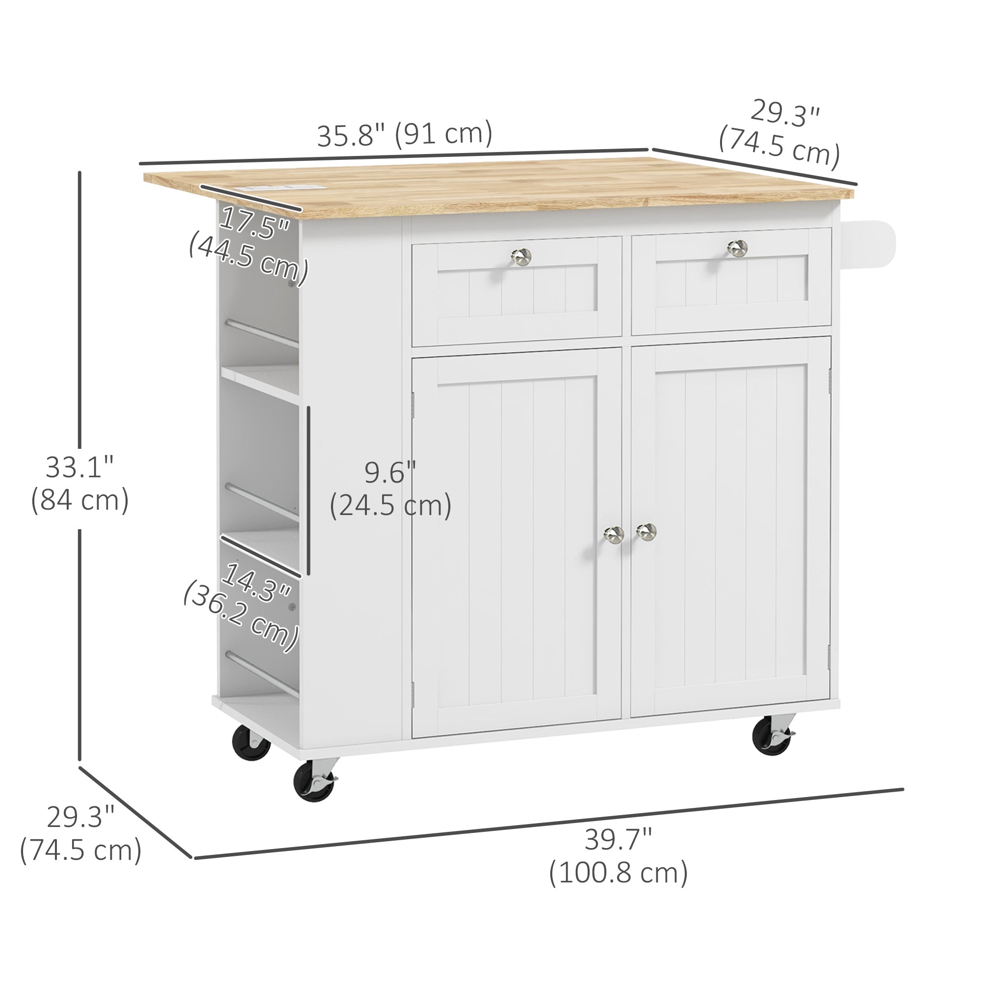 HOMCOM Kitchen Island: Power Outlet, Drop Leaf, Rolling Cart, 2 Drawers, Adjustable Shelves 